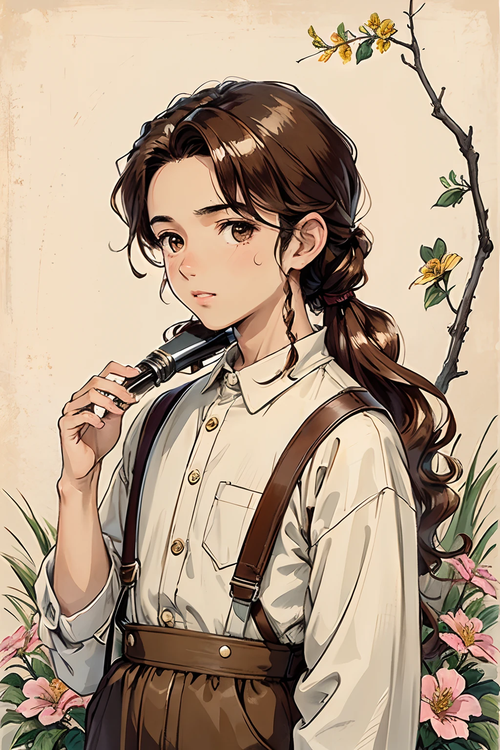 (masterpiece:1.2, best quality), (dinamic lighting) 1boy, 16 years old,, solo, long curly hair tied back, light tan skin (shiny skin:1.2), upper body, vintage attire, wavy brown hair,Suspenders,flower on ear, harajuku style, nature background, writer, traveler