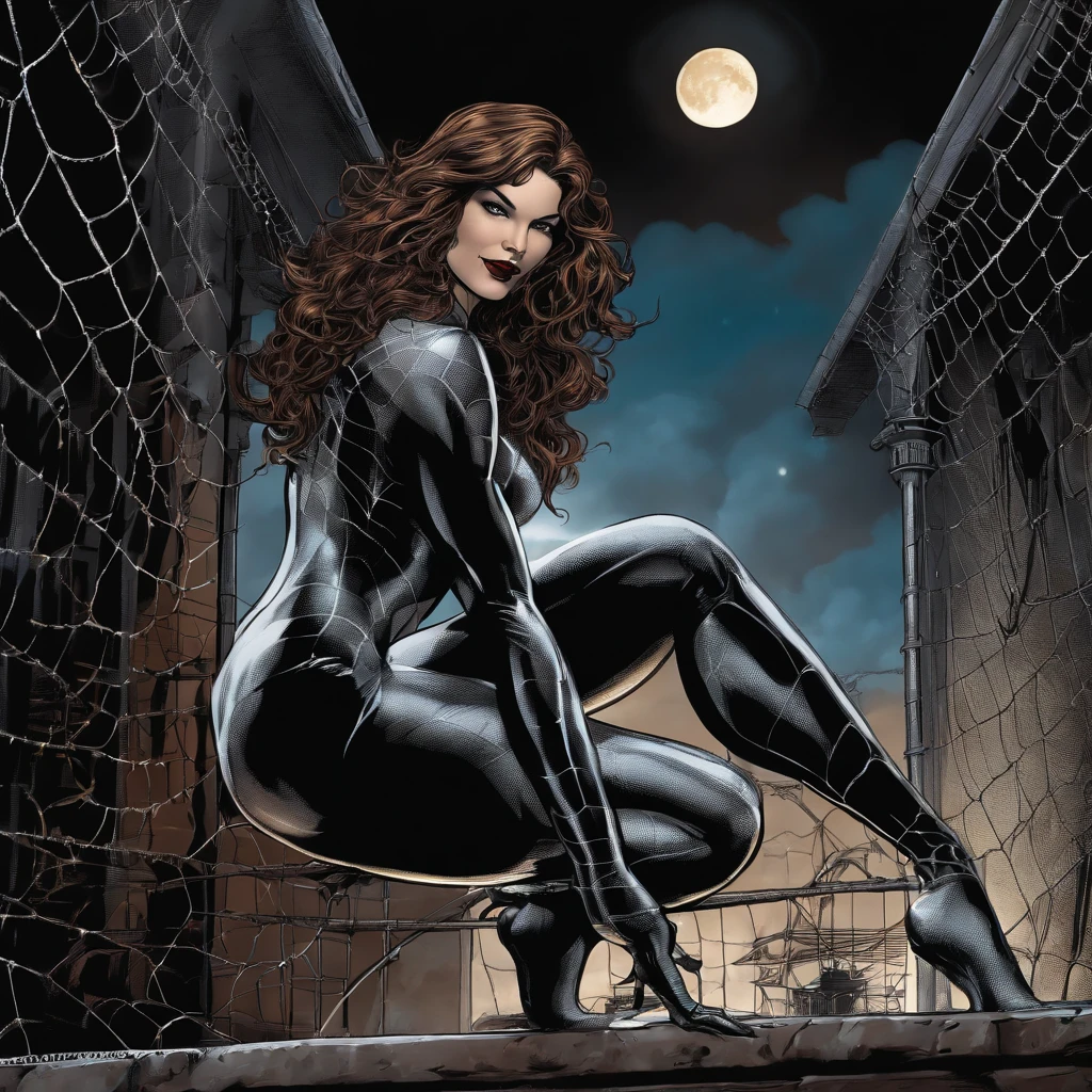 ((best quality)), ((masterpiece)), ((inked)), ((night)), (dynamic sexy pose), majestic intricately detailed soft oil painting by jim lee, professional full body shot, spiderwoman, long ringlets brown hair, extremely beautiful eyes, long eyelashes, young, white, red and black see-through spider bodysuit, sensuous pose, provocative pose, spider webs, claws, dark alley background. Smile expressions. Moon time, moon light. Cool vibrant colors.