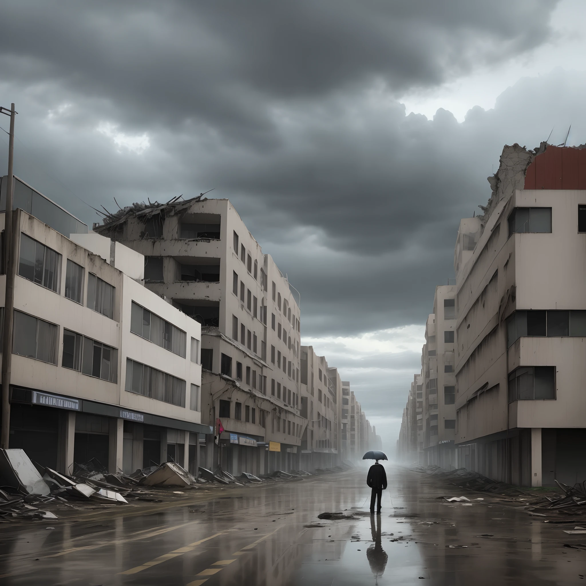 A destroyed independent city where a man lives Rainy weather Gray sky Despair Sadness End of the world