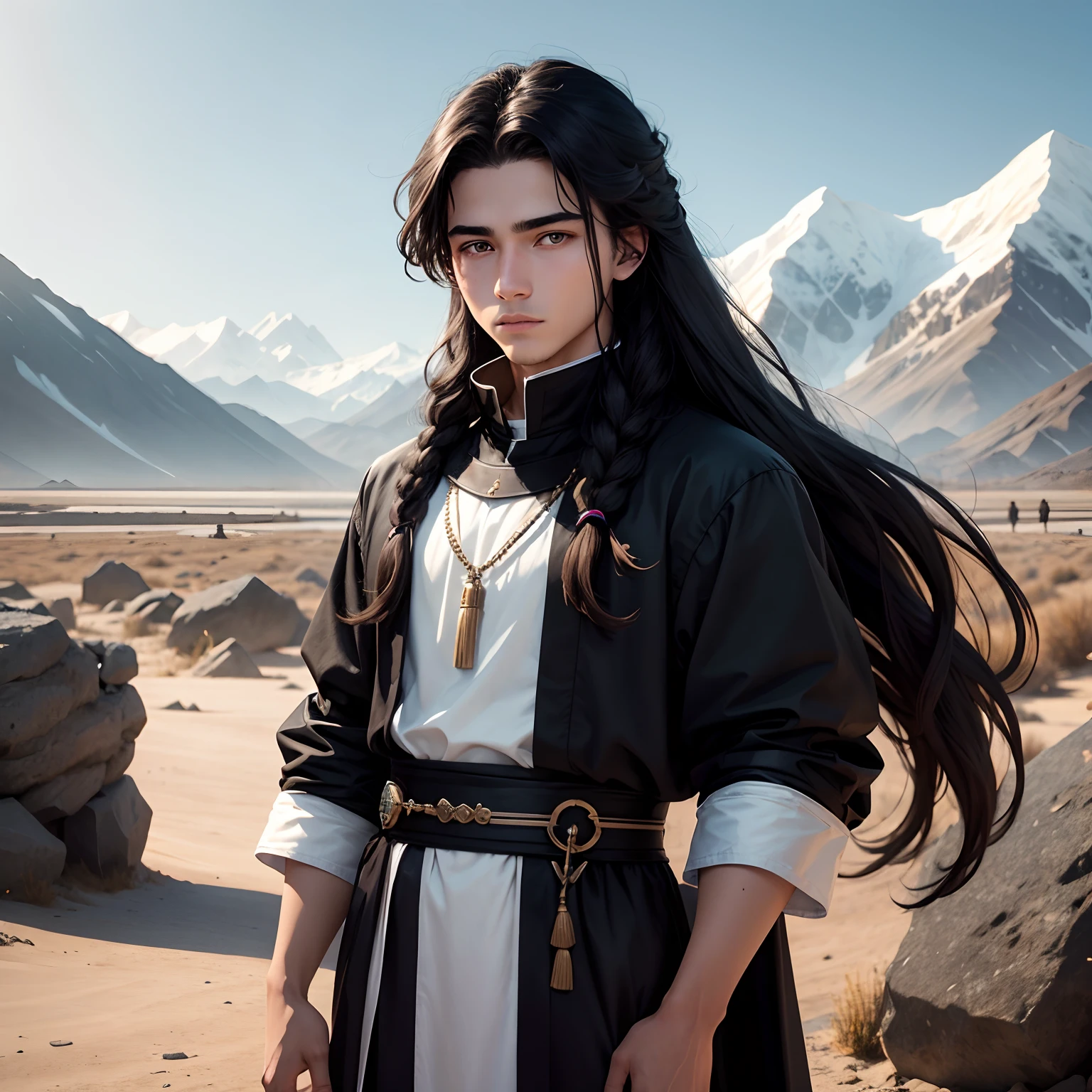 In the background are mountains, A young man, 18 years old named Men, black eyes, long hair, White, wearing a black tunic