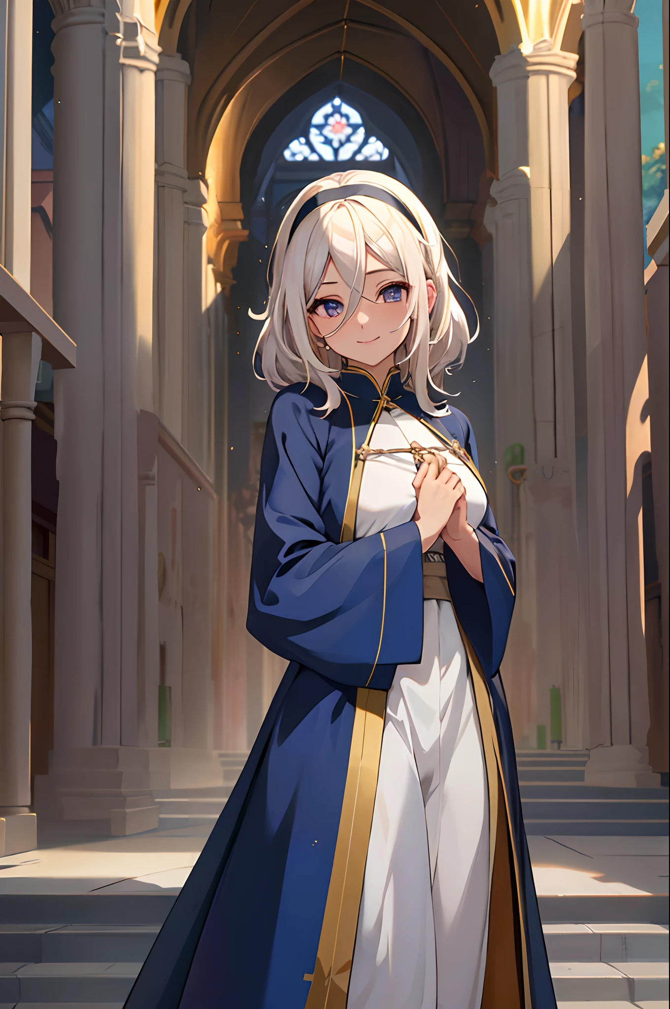 (obra maestra, mejor calidad, alta calidad, highres: 1.4), detallado, extremadamente detallado, soft ambient lighting, 4K, kagamine rin , (mujer madura, milf: 1.2), (cabello largo, cabello rubio, cabello liso, cabello liso: 1.3), (ojos azules, sonrisa: 1.2), pechos enormes, cintura voluptuosa y estrecha, (traje de monja sexy, escote: 1.3), arrodillado, manos en el pecho, desde arriba, Marble floor, iglesia, rayos de luz