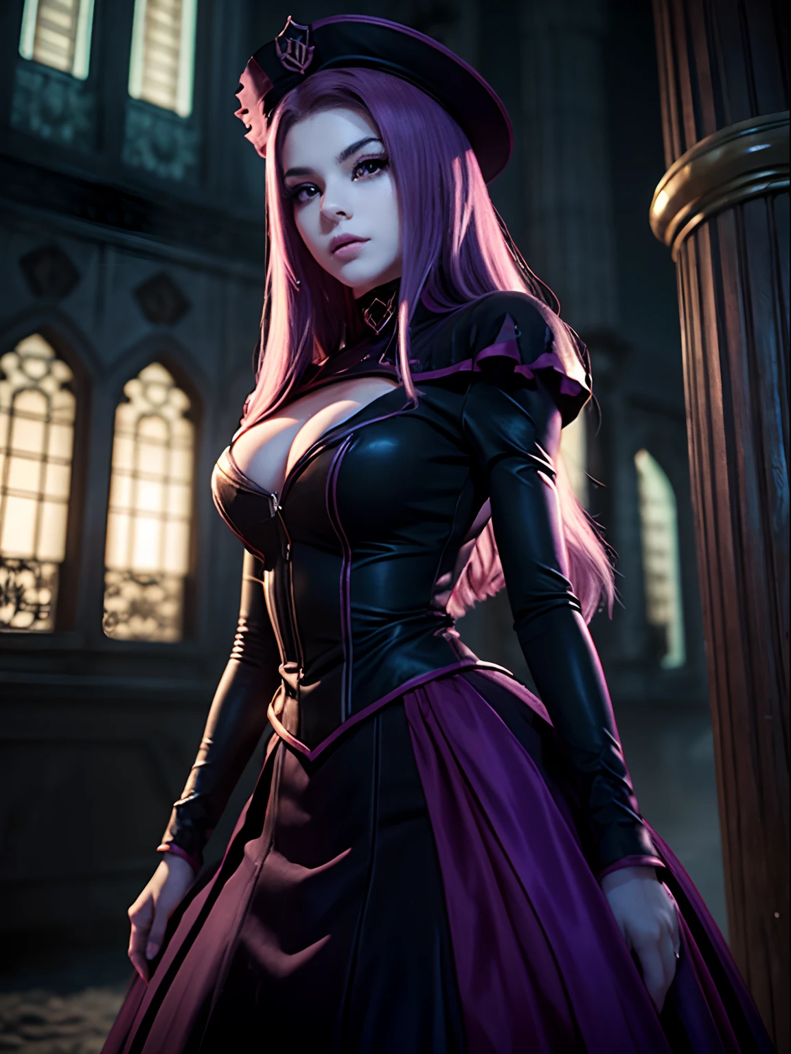 Vampira sexy do anime overlord em uma foto de corpo inteiro, sexy, peitos grandes, muito sensual, pele super branca, ela esta envolvida na neblina em um castelo antigo e sombrio. A perfect and definitive idol that captivates everyone,olhos brilhantes super detalhados sem defeitos, lugar sombrio e misterioso. Realista Overlord Anime Setting, Dramatic and sinister nighttime ambient lighting giving an air of suspense and horror movie, cabelos longos roxos, uma linda vampira de olhos vermelhos, Todo mundo se apaixona por ela、chifres, , beleza ecotica, A very cute female idol at the age of 20, Pale Pele、Olhar ganancioso convidando um homem、cabelos roxo、cabelos desgrenhados、cabelos intrincados、9Perfect head and body figure、Linha de Corpo Perfeita、 Figura fina、、Enfatizar a clivagem、Tiroteio RAW、photorealistic cinematic render、hyperrealistic rendering、foto retrato、night time render、Fotos gerais coesas、texturas de pele realistas、alta qualidade、alto detalhado、mais alta qualidade、alta resolubilidade、HDR 8K、Rastreamento de raio、canon, NSFW