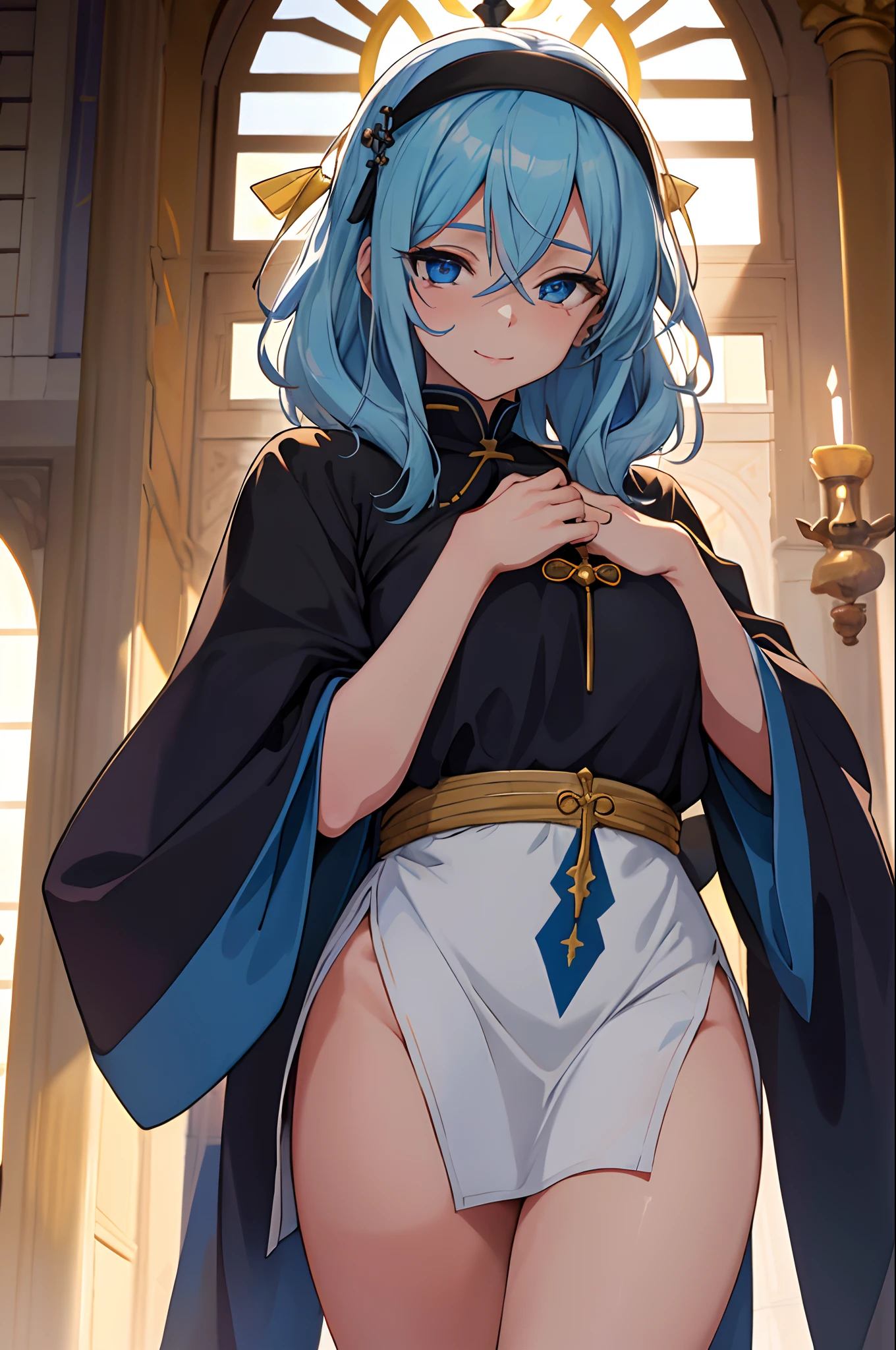 (obra maestra, mejor calidad, alta calidad, highres: 1.4), detallado, extremadamente detallado, soft ambient lighting, 4K, kagamine rin , (mujer madura, milf: 1.2), (cabello largo, cabello rubio, cabello liso, cabello liso: 1.3), (ojos azules, sonrisa: 1.2), pechos enormes, cintura voluptuosa y estrecha, (traje de monja sexy, escote: 1.3), arrodillado, manos en el pecho, desde arriba, Marble floor, iglesia, rayos de luz