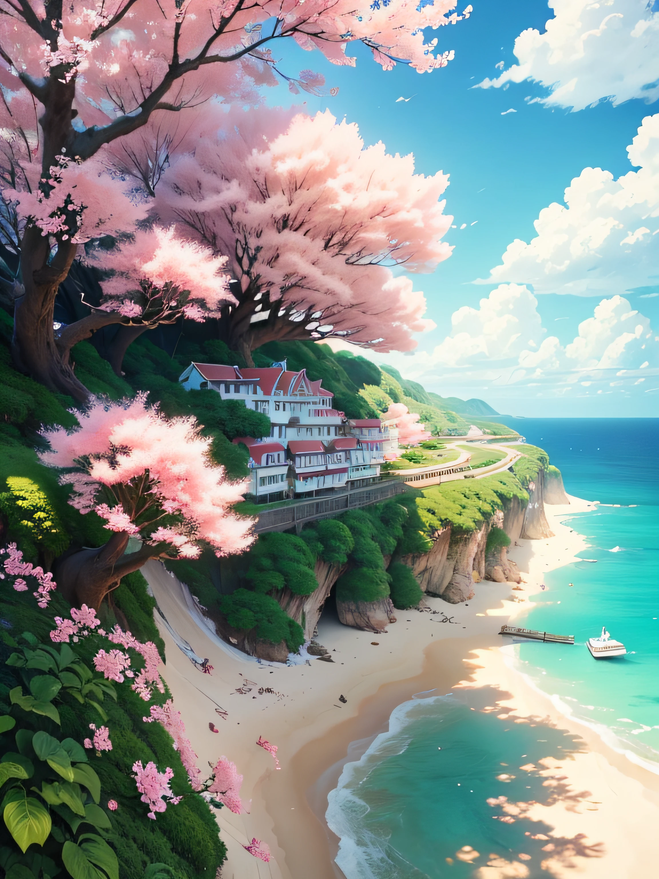 /Drawing Peach Blossom Island,Cream cloud,White pink tones,Above the whole,Fresh summer style,in style of ghibli,rich details,high-definition photography,bright daylight,Vivid colors,zbursh,8K