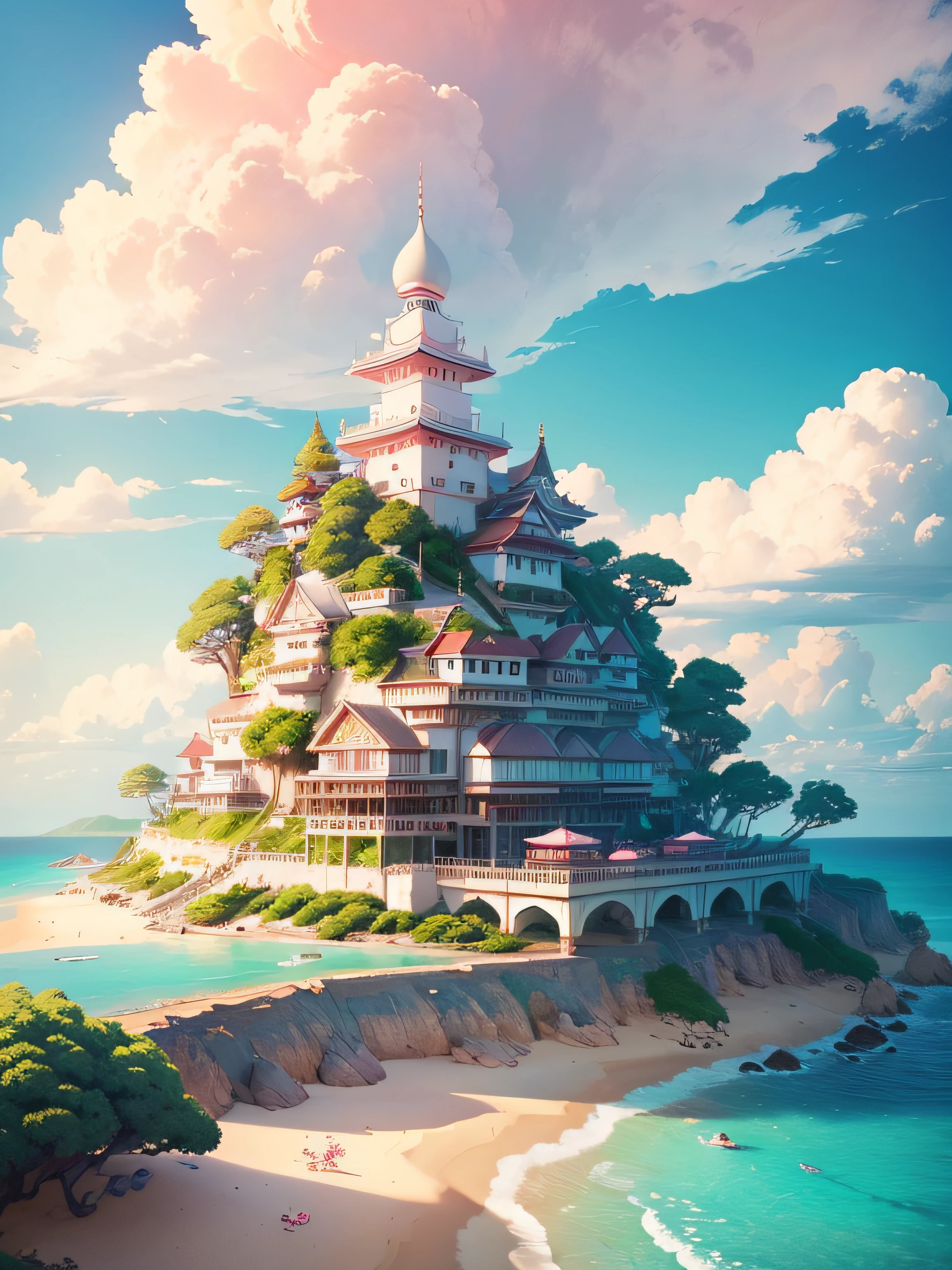 /Drawing Peach Blossom Island,Cream cloud,White pink tones,Above the whole,Fresh summer style,in style of ghibli,rich details,high-definition photography,bright daylight,Vivid colors,zbursh,8K