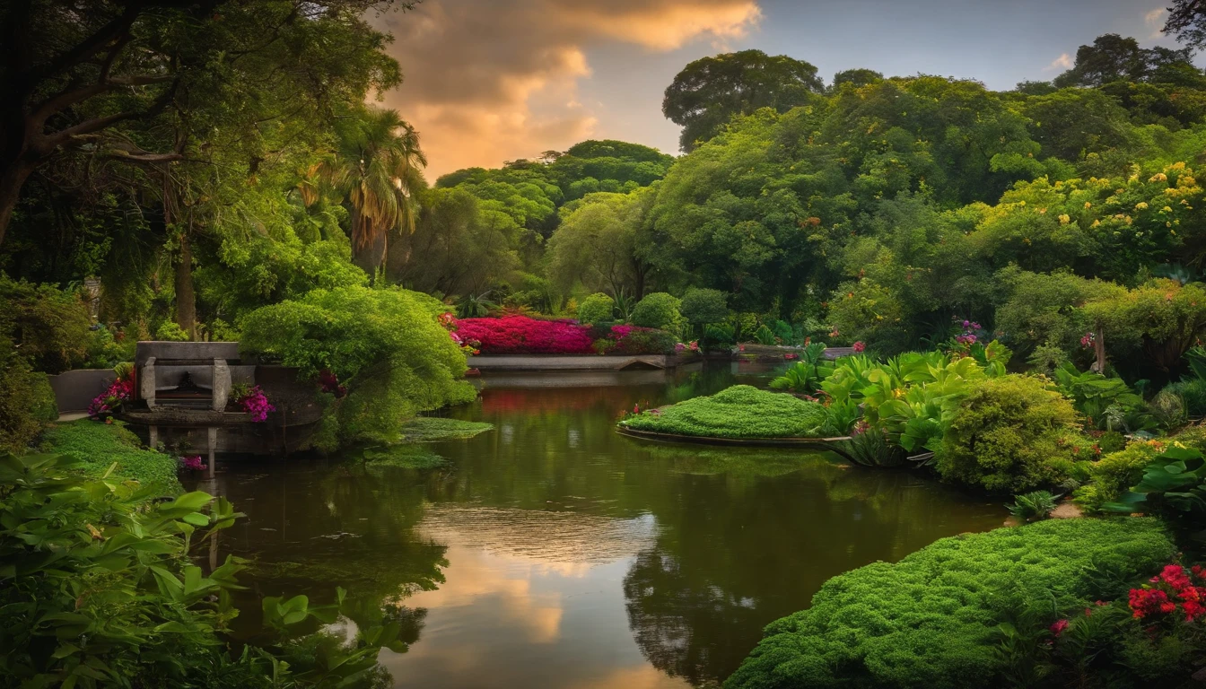 JARDIM DO EDEN VISTO ATRAVES DE UMA JANELA BEM FLORIDO COM UMA GRAMA VERDE E UM LAGO AO CENTRO