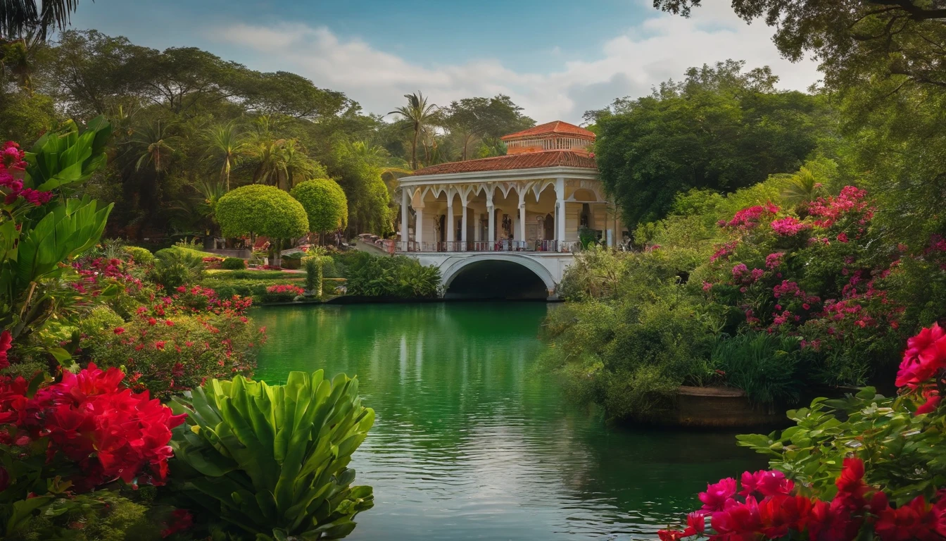 JARDIM DO EDEN VISTO ATRAVES DE UMA JANELA BEM FLORIDO COM UMA GRAMA VERDE E UM LAGO AO CENTRO