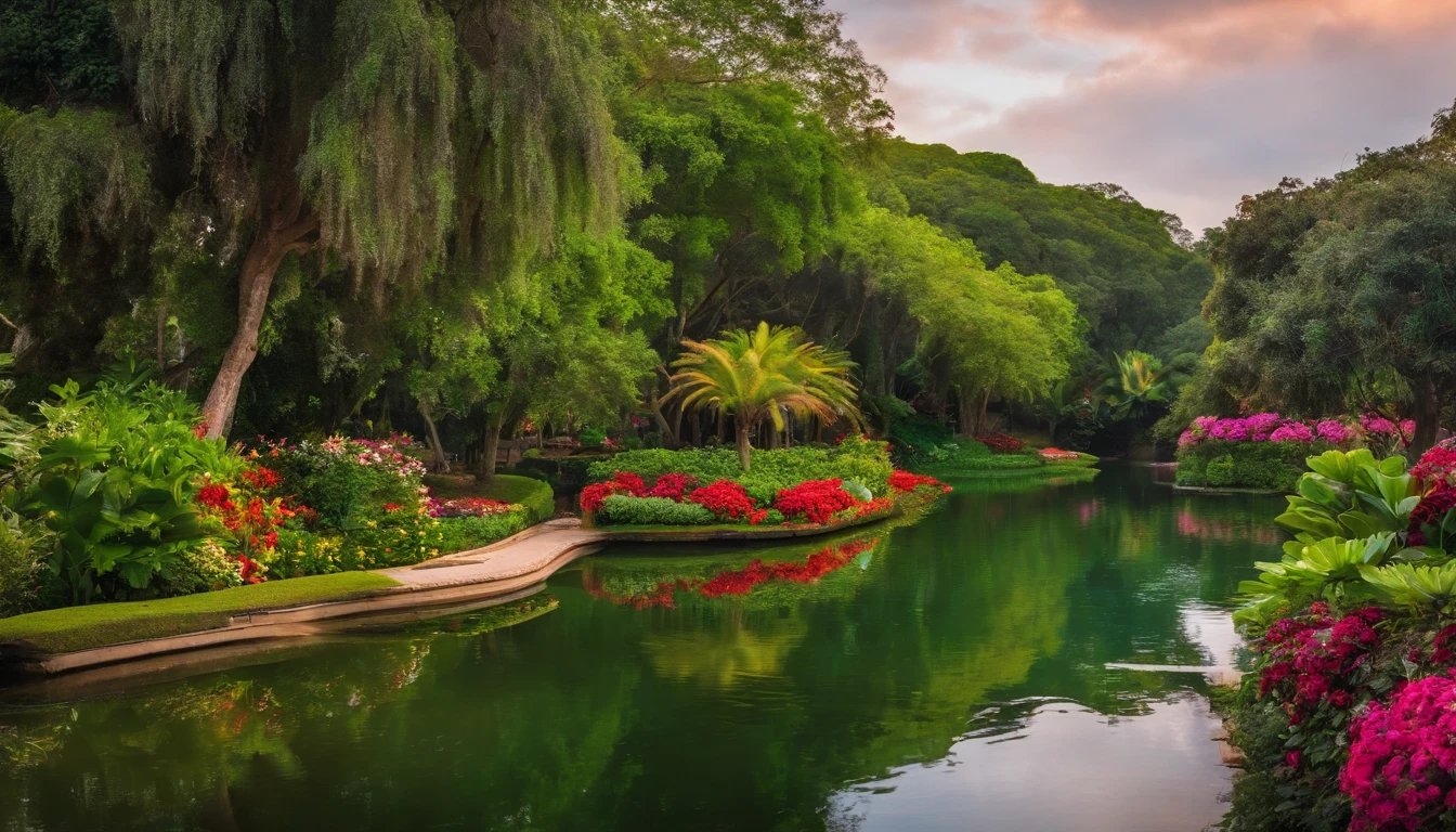 JARDIM DO EDEN VISTO ATRAVES DE UMA JANELA BEM FLORIDO COM UMA GRAMA VERDE E UM LAGO AO CENTRO
