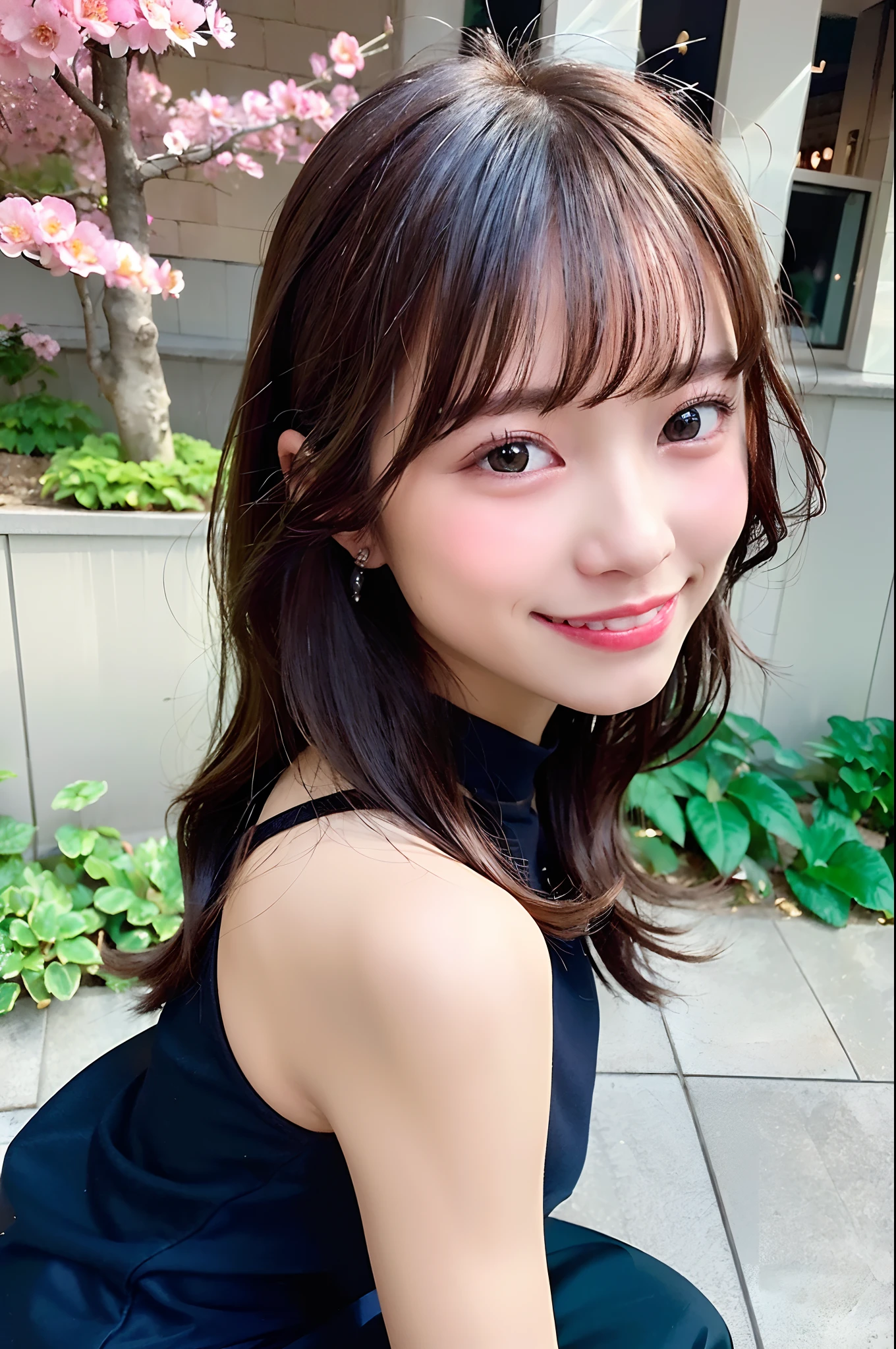 (top-quality、8K、32K、masuter piece、nffsw:1.2)、profile、(slim figure:1.2)、(s lips) 、18year old、Show your teeth and smile、耳Nipple Ring、Colossal tits、二重まぶた、shinny skin、Realistic rays、mare、beauitful face、(A smile:1.3)、crouching down、(From  above:1.2)、(a closeup:1.4)、blurry backround、(Front Focus)、(Dark: 1.6)、Fantasy Art、photoRealstic、Professional Lighting、extra detailed face、Award-winning、deep-shadows、cherry blossom in full bloom