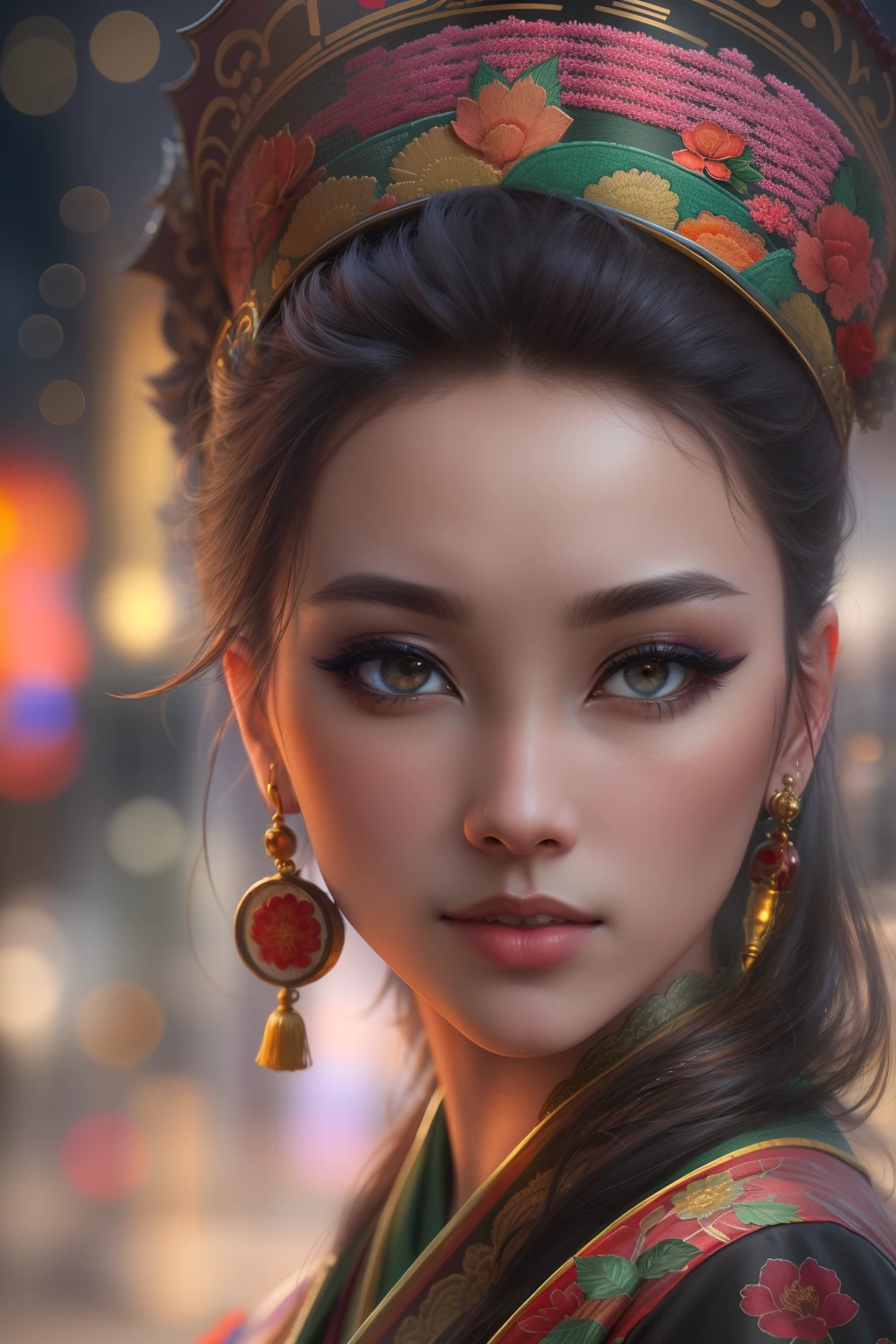 (best quality,4k,highres:1.2),ultra-detailed,physically-based rendering,professional,sharp focus, HDR,ultra-fine painting,vivid colors,bokeh,portrait,oriental style,beautiful woman,oriental clothes,beautiful detailed eyes,beautiful detailed lips,extremely detailed eyes and face,black background,cityscape in the far background,woman looking at the camera,blur