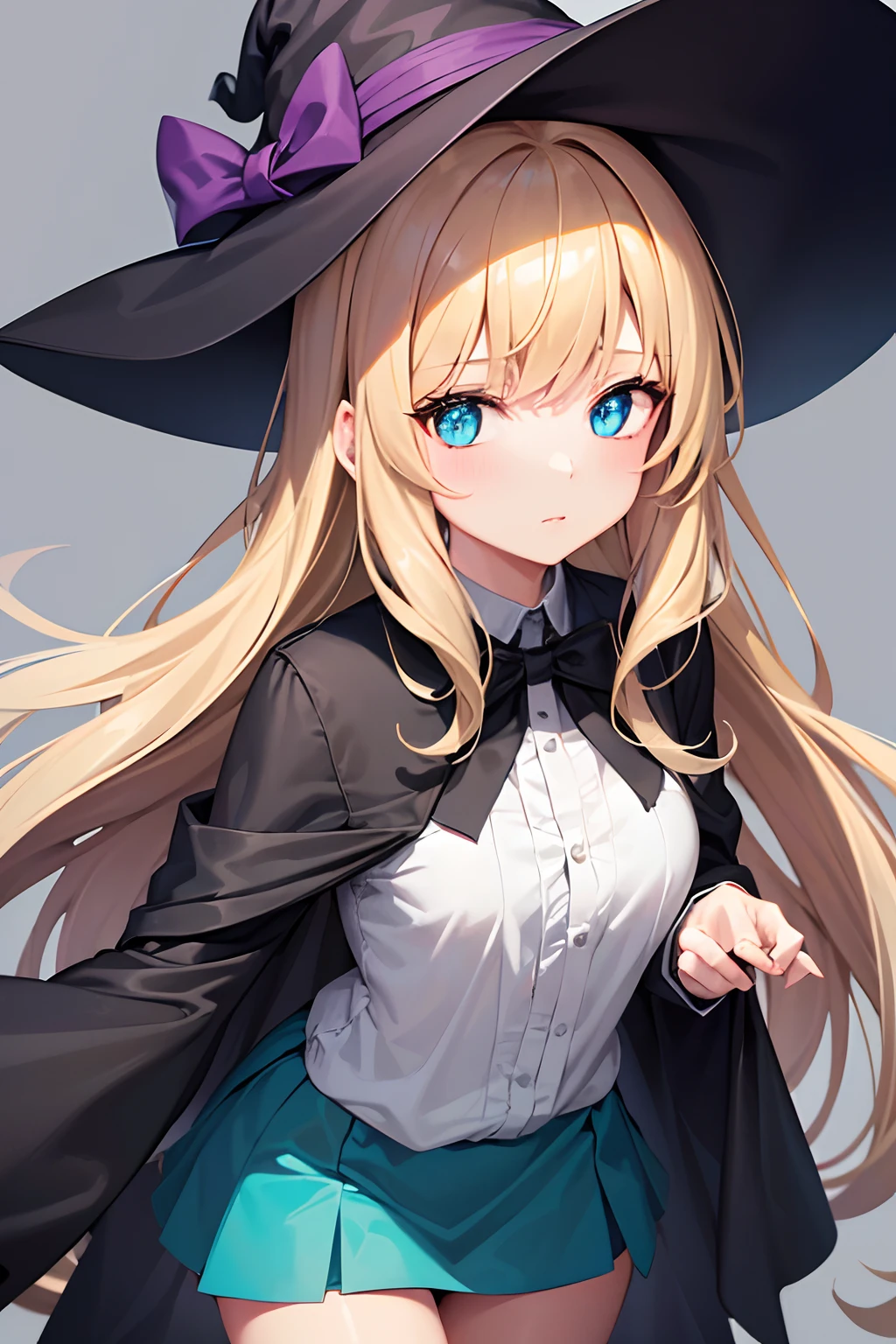 1girl, Witches Girl, schwarzer hexen Hut, helle blonde haare, White top with green skirt, wears a black coat(which is not tied)