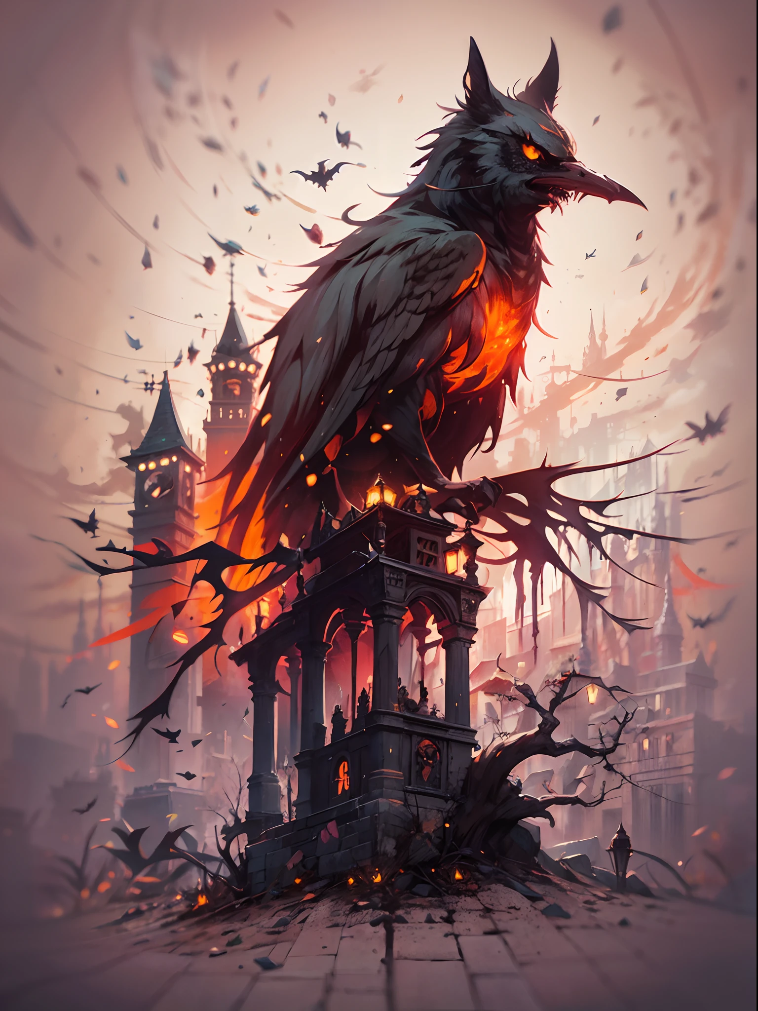 Silueta de un cazador en la ciudad de Yanan, transmitido por la sangre, ojos brillantes, T-shirt design, Dark Magic Splash, Gothic, halloween, degradado naranja quemado, magica, naturaleza, fondo limpio, Magic splash, arte vectorial 3D, fantasy art, Efecto acuarela, Bokeh, Adobe Illustrator, dibujado a mano, Pintura digital, Soft lighting, isometric style, retro aesthetic, 4k-resolution, usando Cinema 4D, natural  lighting, Kinematic, obra maestra, Altamente detallado, intrincado, textura extrema, horror, Terry Fassing, horripilante, asustadizo