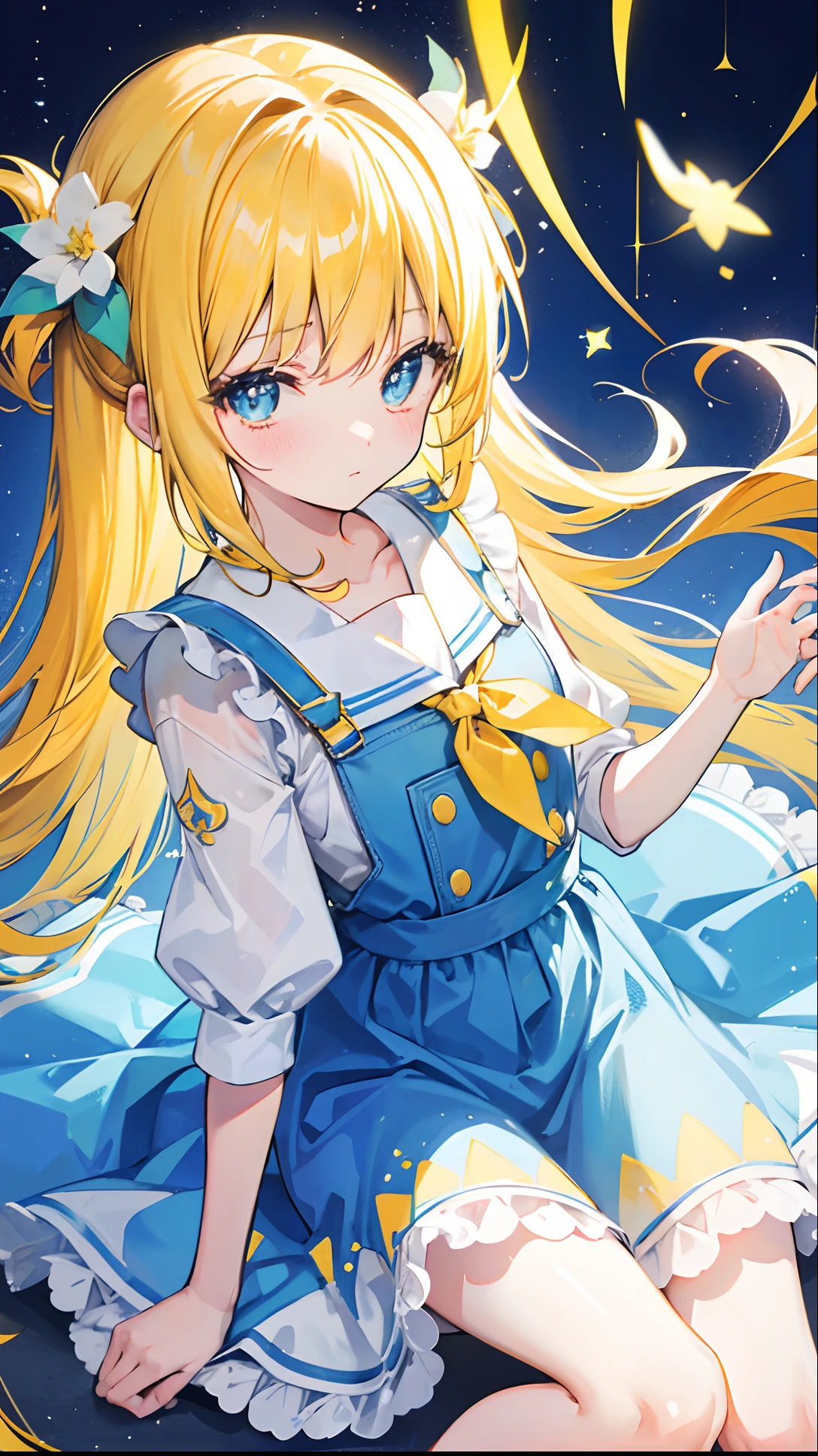 Glowing light bluish yellow，There is hair and pupils，blue clothes, yellow and white，Sweet loli girl，Overall shine