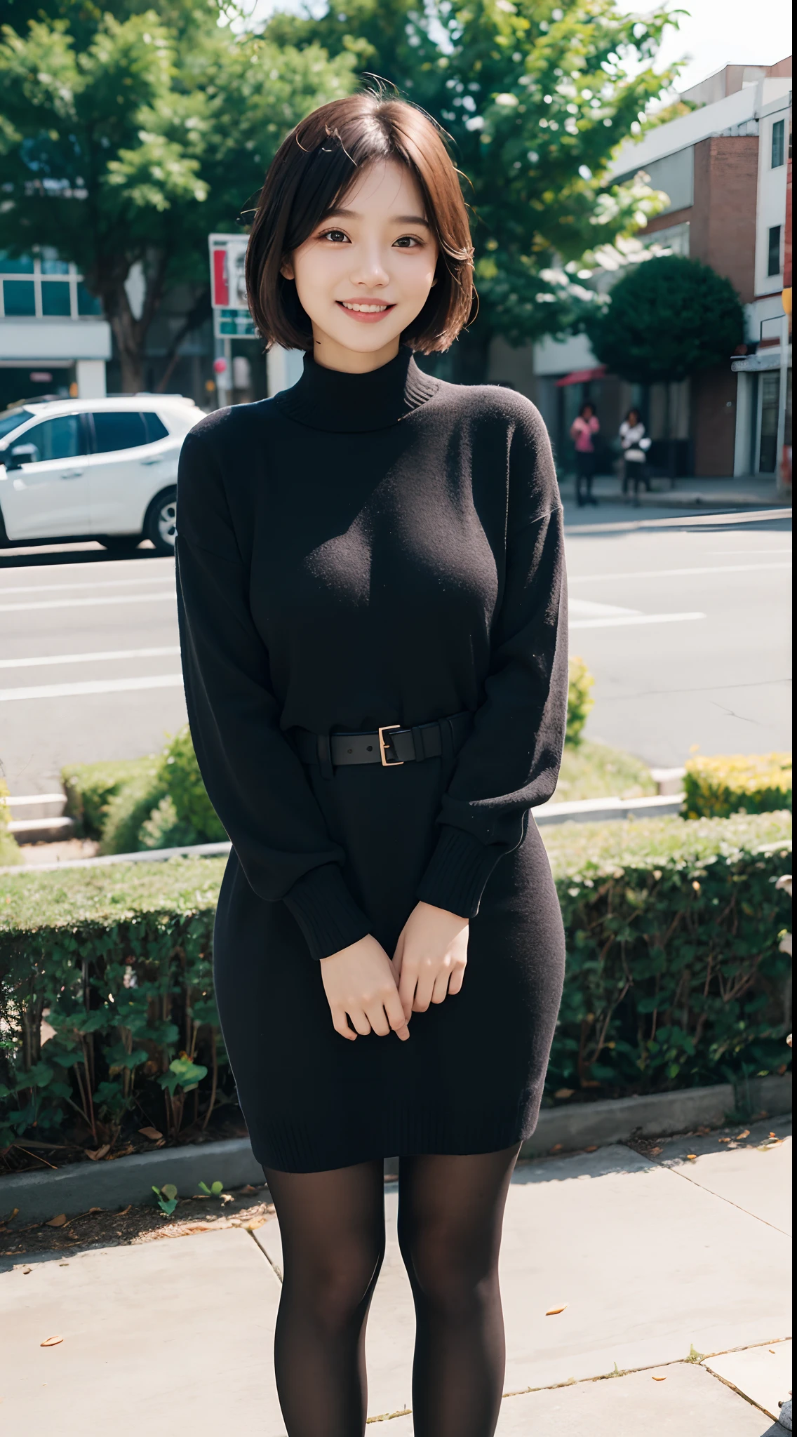 Girl VN02, Realistic college girl in kashkur knitted dress、short-hair、Wear ultra-realistic pantyhose、embarrassing smile、masutepiece, Best Quality, absurderes, Highest Quality, Amazing details, 8K, Aesthetic,