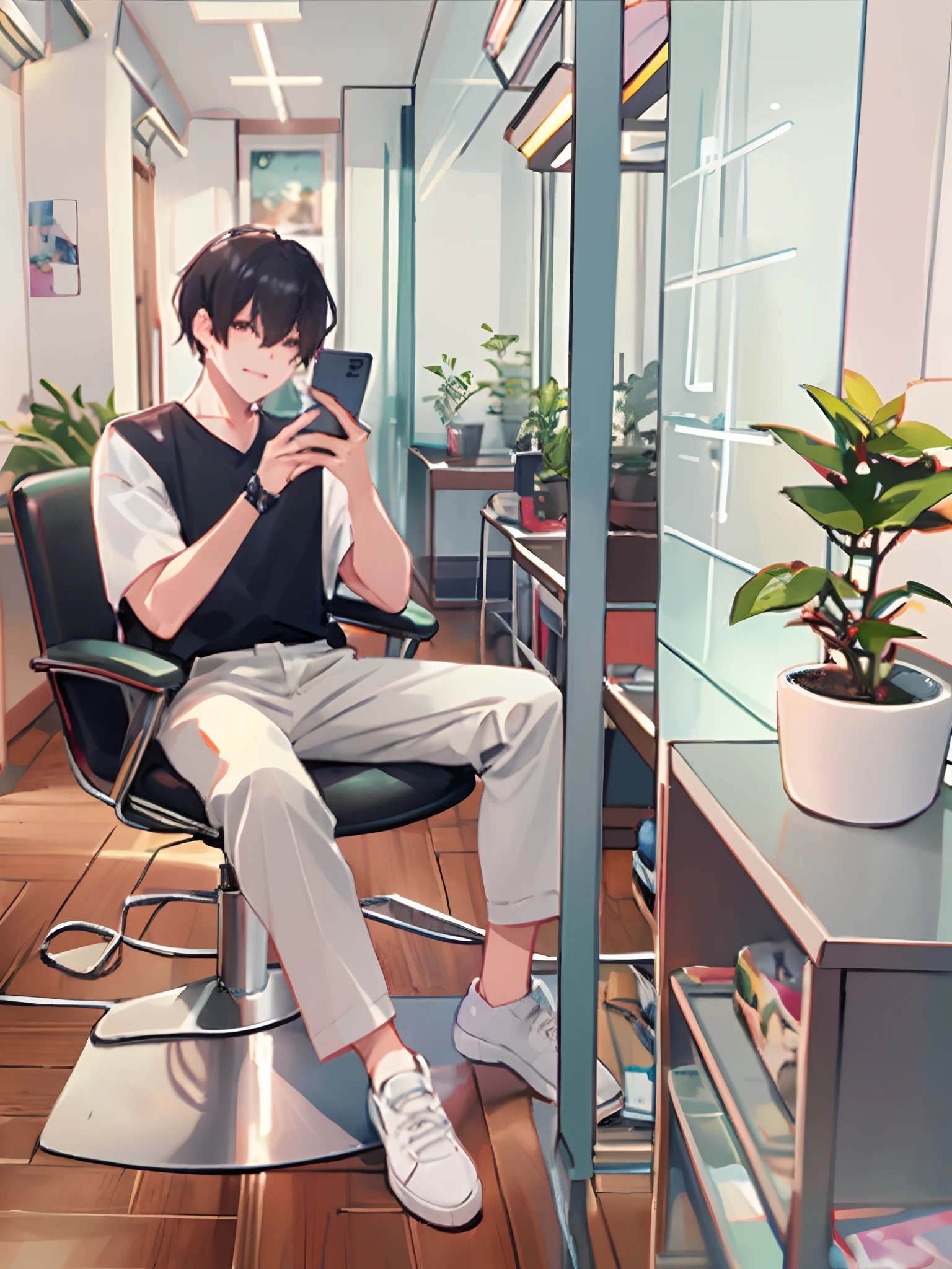 anime - style illustration of a man sitting in a chair in a hair salon, lofi portrait, digital anime illustration, lofi artstyle, handsome anime pose, high quality anime artstyle, painted in anime painter studio, modern anime style, anime artstyle, relaxing environment, in anime style, digital anime art, in an anime style, young anime man