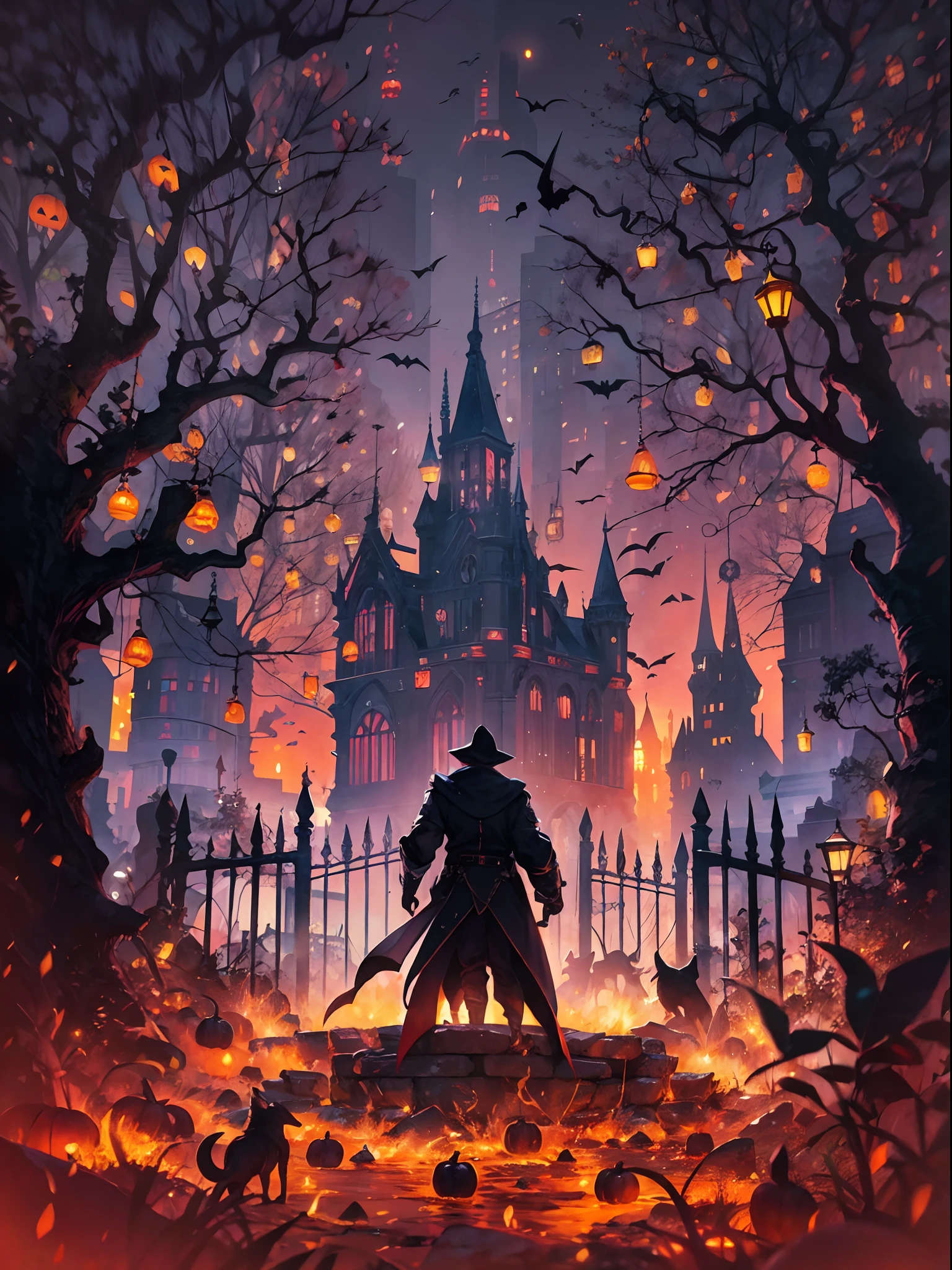 Silueta de un cazador en la ciudad de Yanan, transmitido por la sangre, ojos brillantes, T-shirt design, Dark Magic Splash, Gothic, halloween, degradado naranja quemado, magica, naturaleza, fondo limpio, Magic splash, arte vectorial 3D, fantasy art, Efecto acuarela, Bokeh, Adobe Illustrator, dibujado a mano, Pintura digital, Soft lighting, isometric style, retro aesthetic, 4k-resolution, usando Cinema 4D, natural lighting, Kinematic, obra maestra, Altamente detallado, intrincado, textura extrema, horror, Terry Fassing, horripilante, asustadizo