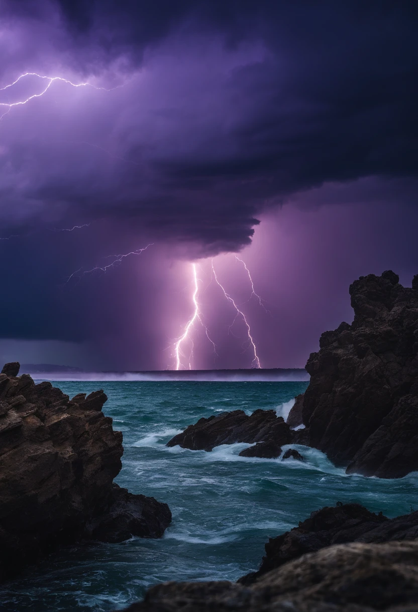 Naval battles under heavy rains,The background is a waterspout,and purple thunderbolts in the distance