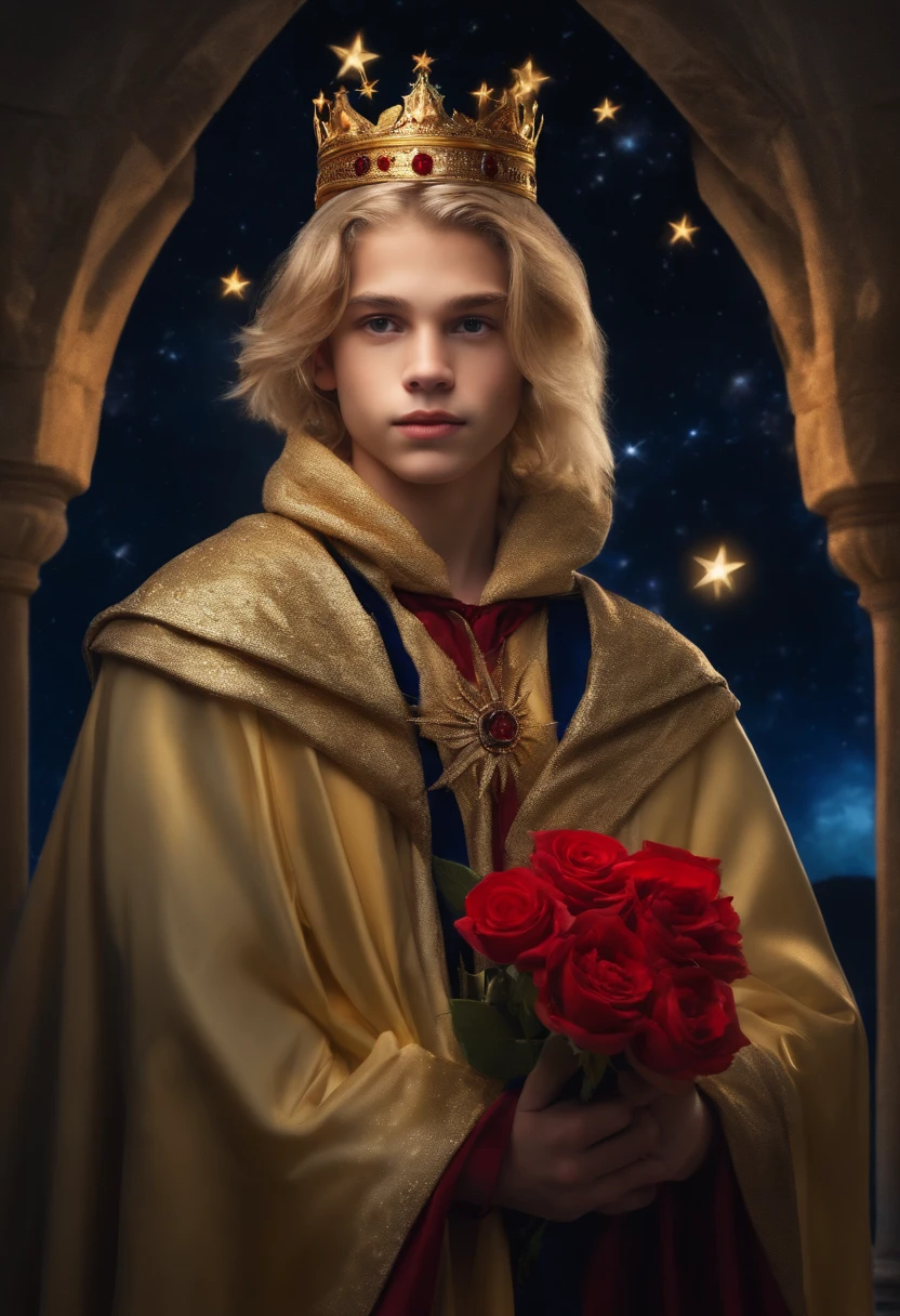 Prince boy of 15 years old with blond hair with crown on his head in a yellow cloak with a star train holding a red rose in his hands against the background of a starry sky.