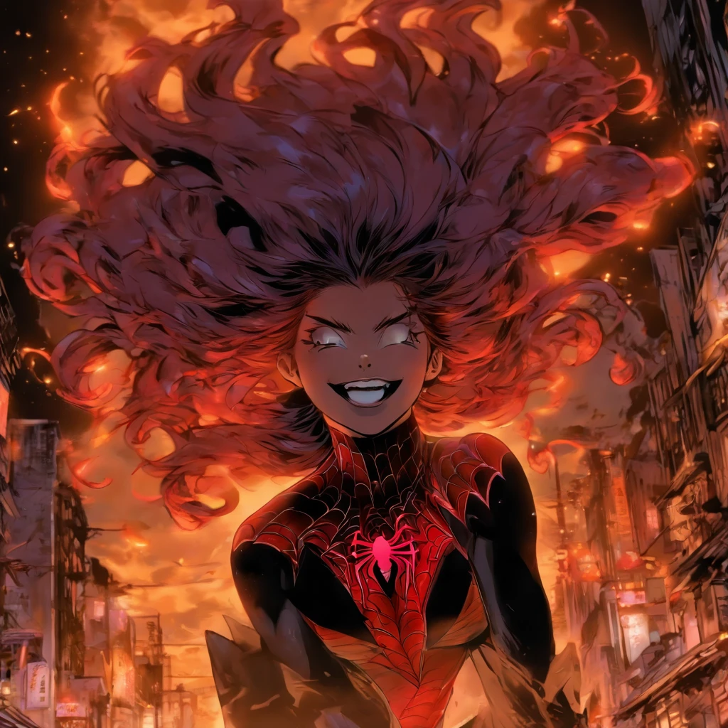 ((best quality)), ((masterpiece)), ((inked)), ((night)), (dynamic sexy pose), majestic intricately detailed soft oil painting by jim lee, professional full body shot, spiderwoman, long ringlets brown hair, extremely beautiful eyes, long eyelashes, young, white, red and black see-through spider bodysuit, sensuous pose, provocative pose, spider webs, claws, dark alley background. Smile expressions. Moon time, moon light. Cool vibrant colors.