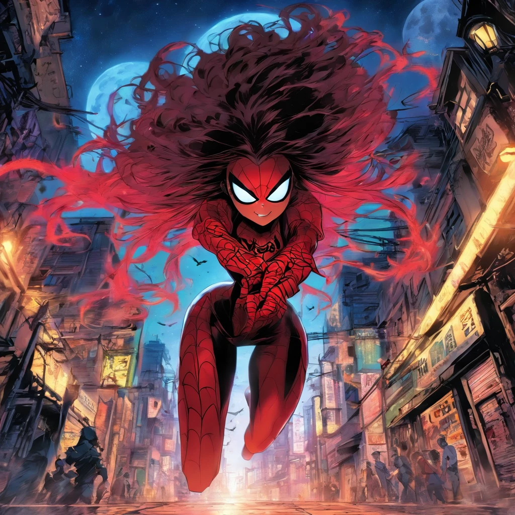 ((best quality)), ((masterpiece)), ((inked)), ((night)), (dynamic sexy pose), majestic intricately detailed soft oil painting by jim lee, professional full body shot, spiderwoman, long ringlets brown hair, extremely beautiful eyes, long eyelashes, young, white, red and black see-through spider bodysuit, sensuous pose, provocative pose, spider webs, claws, dark alley background. Smile expressions. Moon time, moon light. Cool vibrant colors.