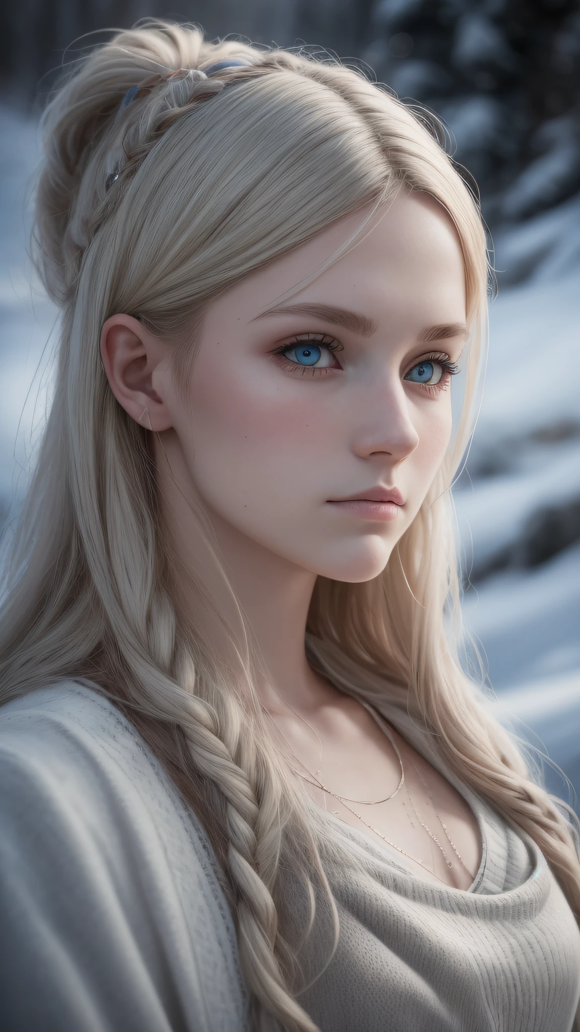 [full length portrait] [18-23 Years Old nordic female fashion model] [dressed like a viking Warriors style] [Bored expression on face][Photo taken in a mountainous and snowy landscape] [type of illumination: natural lighting], extremely realistic, 8k, insane details, intricate details, beautifully color graded,Color Grading, Editorial Photography, Photography, Bokeh, taken with a 60mm lens, ISO 300, f/4, 1/200th