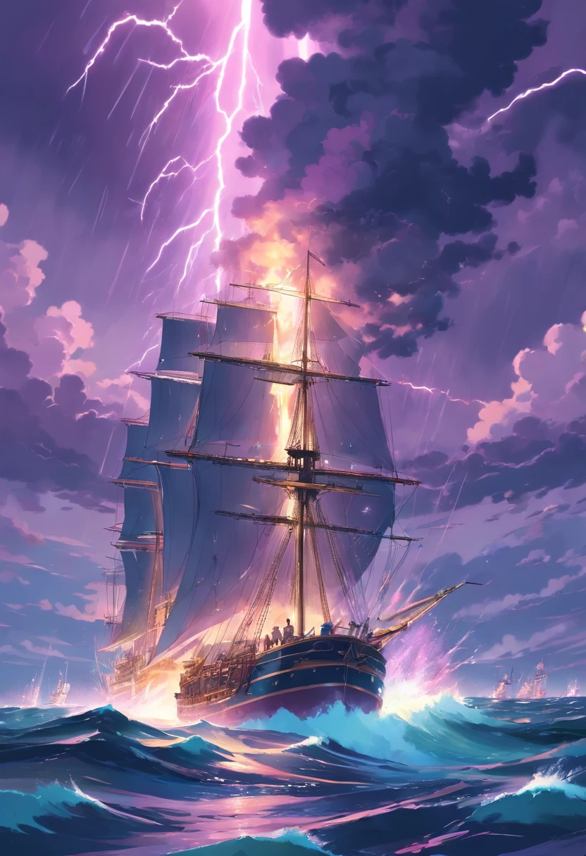 Ancient naval battles under heavy rain,The background is a waterspout,and purple thunderbolts in the distance