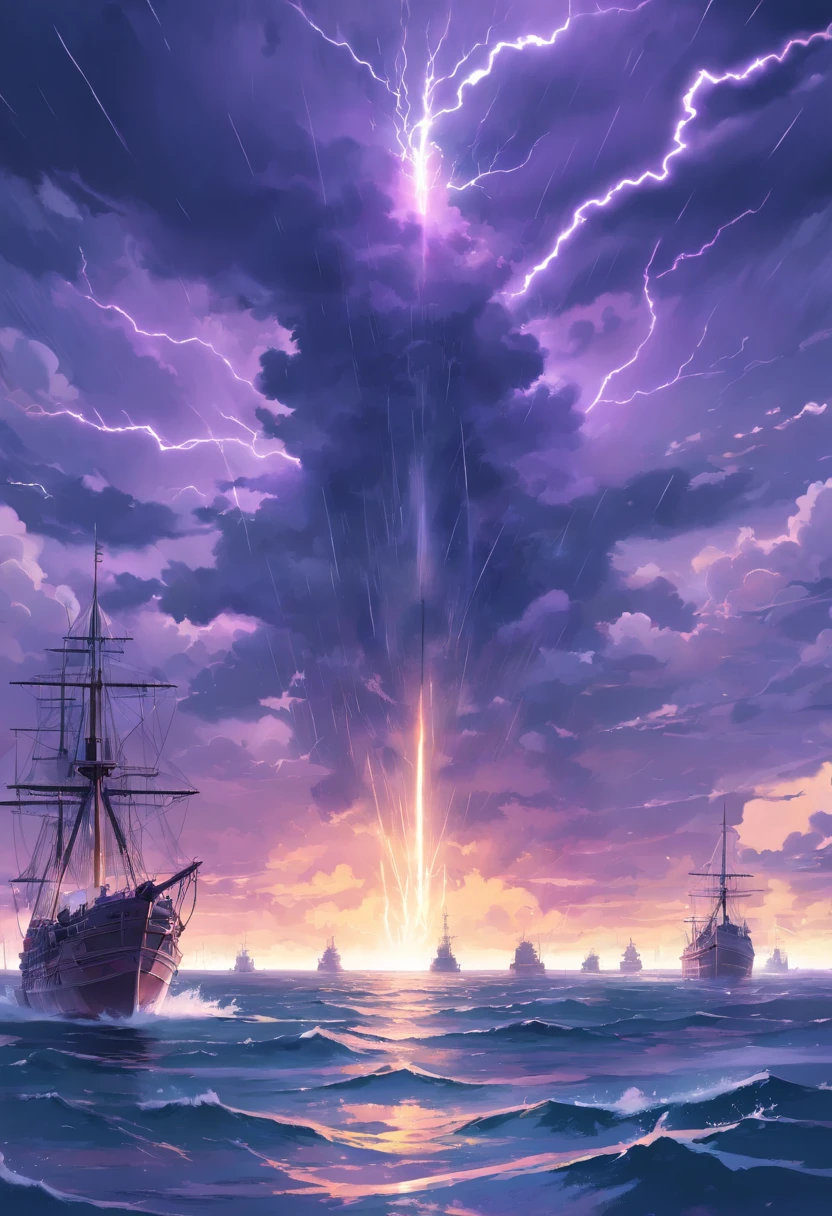 Ancient naval battles under heavy rain，The background is a waterspout，and purple thunderbolts in the distance