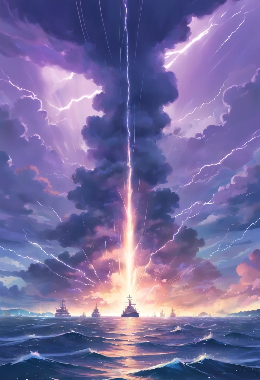 Ancient naval battles under heavy rain,The background is a waterspout,and purple thunderbolts in the distance