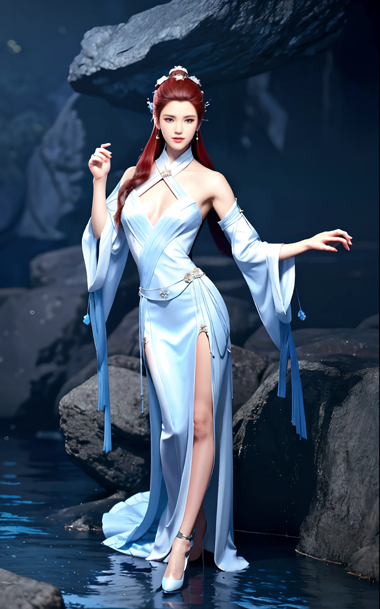 a close up of a woman in a blue dress with a white dress, full body xianxia, inspired by Lan Ying, inspired by Li Mei-shu, inspired by Qiu Ying, inspired by Li Tang, upon body from head to thighs wuxia, game cg, xianxia, queen of the sea mu yanling, xianxia hero, (hyperrealistic:1.25), (illustration), (high resolution), (8K), (extremely detailed), (best illustration), (beautiful detailed eyes), (best quality), (ultra-detailed), (masterpiece), (wallpaper), (photorealistic), (detailed face), high detailed realistic skin texture, anatomically correct, solo, 1girl, (high detailed realistic hair), (red hair:1.3), (heterochromic eyes), (detailed red glowing eyes:1.25), (realistic big breasts:1.3), (cleavage), (exposed breasts), (bare shoulders), (long legs), (slender abs), (dynamic pose), (closed lips:1.3), (upon body from head to thighs), nsfw, absurdres, highres, ultra detailed, eyeliner, sideboob,