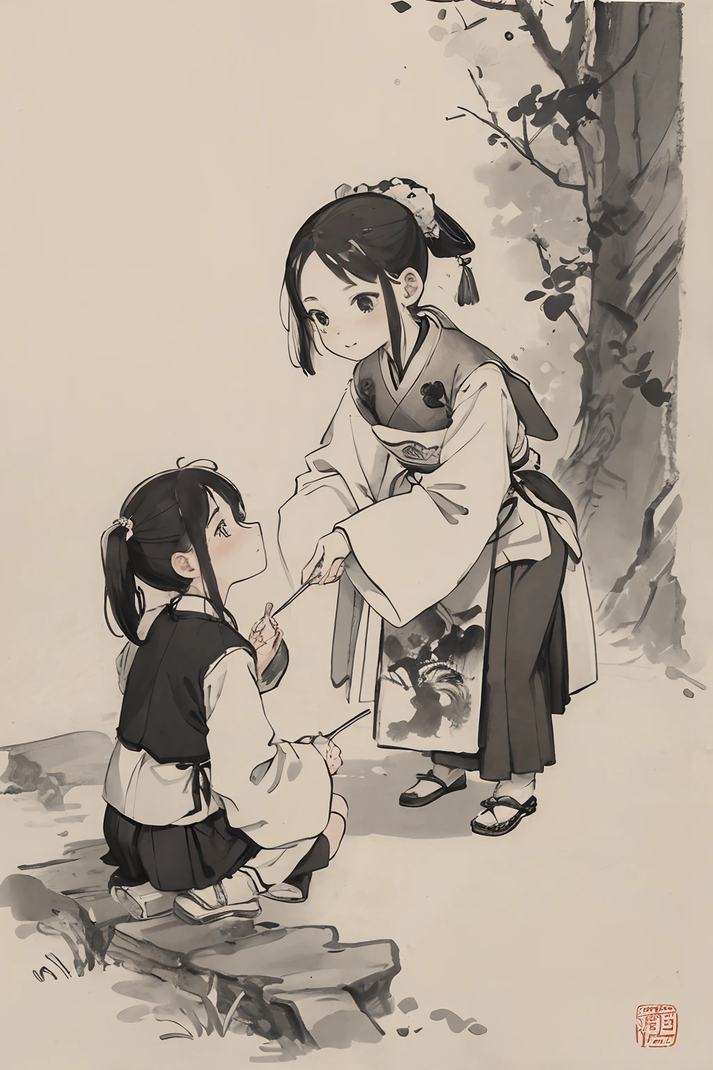 (masterpiece, best quality: 1.2), traditional Chinese ink painting, two children