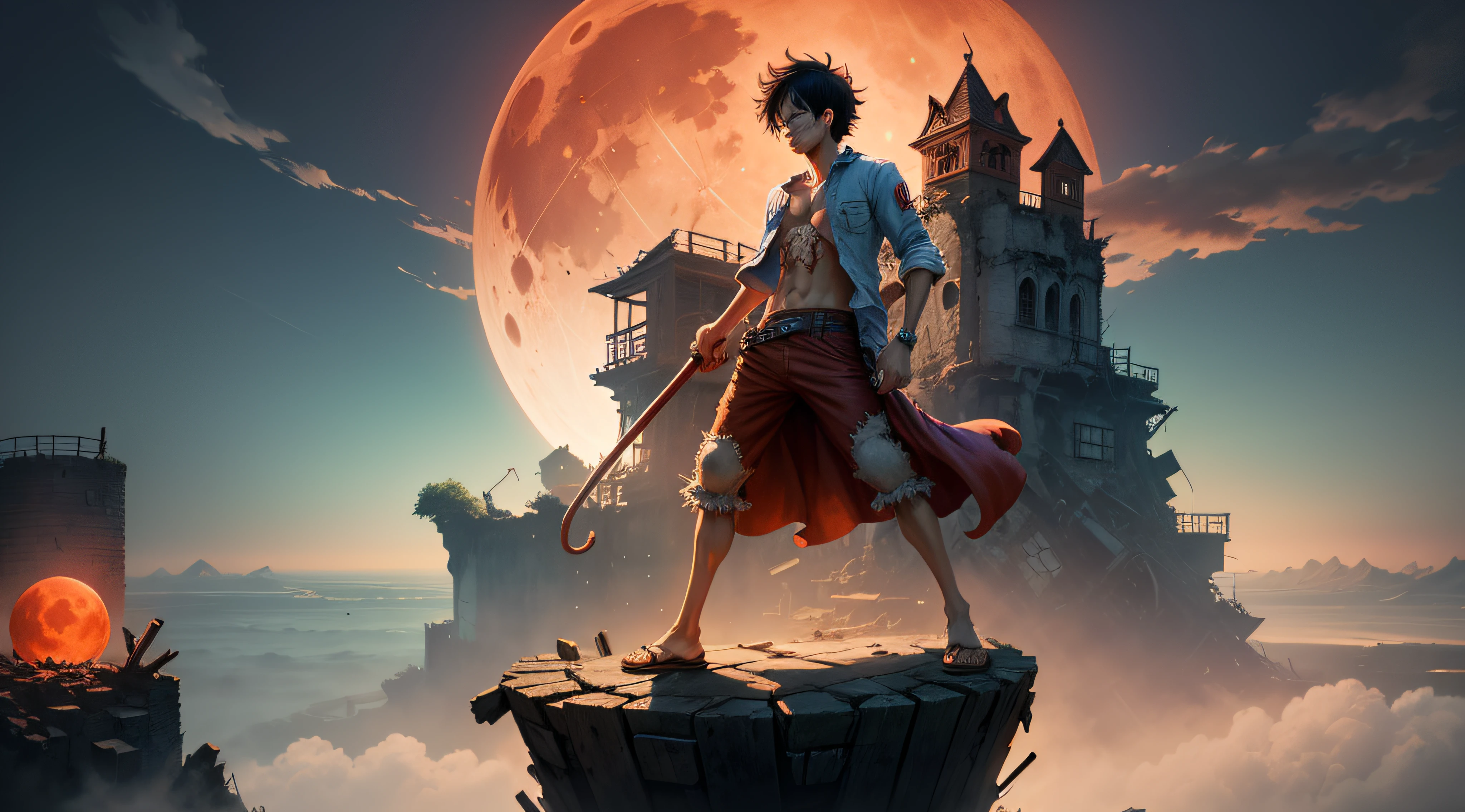 Create an image of Monkey D. Luffy standing atop a crumbling, dilapidated tower, with a blood-red moon looming in the sky. Surround him with a dense fog that conceals lurking enemies.