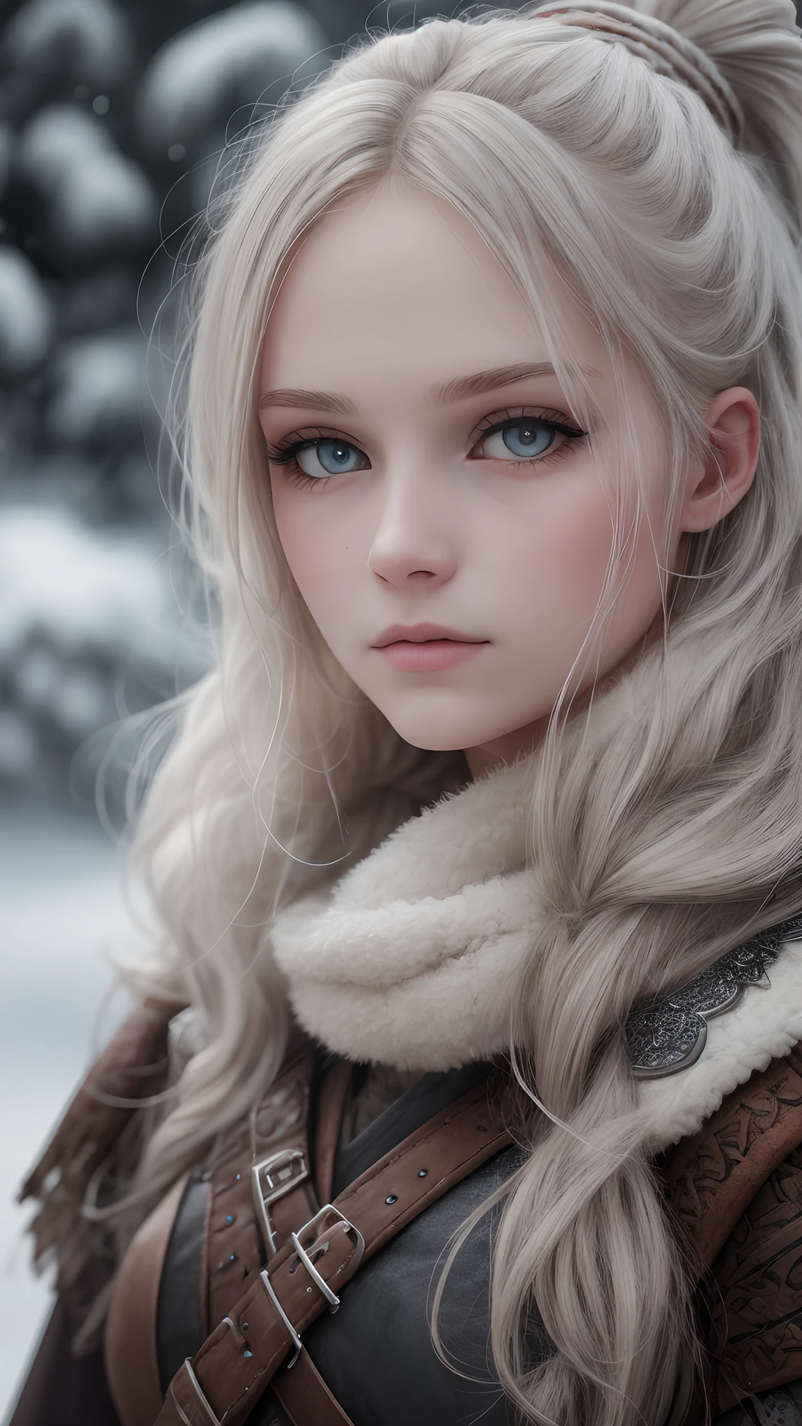 [full length portrait] [18-23 Years Old nordic female fashion model] [dressed like a viking Warriors style] [Bored expression on face][Photo taken in a mountainous and snowy landscape] [type of illumination: natural lighting], extremely realistic, 8k, insane details, intricate details, beautifully color graded,Color Grading, Editorial Photography, Photography, Bokeh, taken with a 60mm lens, ISO 300, f/4, 1/200th