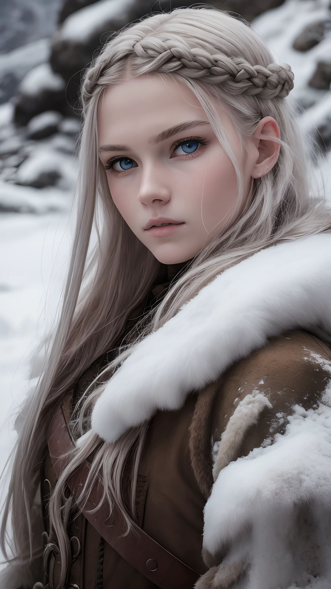 [full length portrait] [18-23 Years Old nordic female fashion model] [dressed like a viking Warriors style] [Bored expression on face][Photo taken in a mountainous and snowy landscape] [type of illumination: natural lighting], extremely realistic, 8k, insane details, intricate details, beautifully color graded,Color Grading, Editorial Photography, Photography, Bokeh, taken with a 60mm lens, ISO 300, f/4, 1/200th