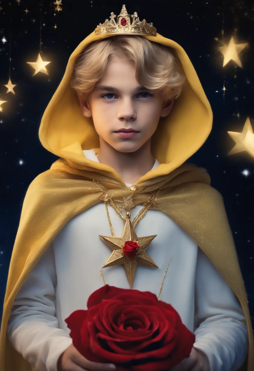 Prince boy of 15 years old with blond hair in a yellow cloak with a star trail holding a red rose in his hands against the background of a starry sky.