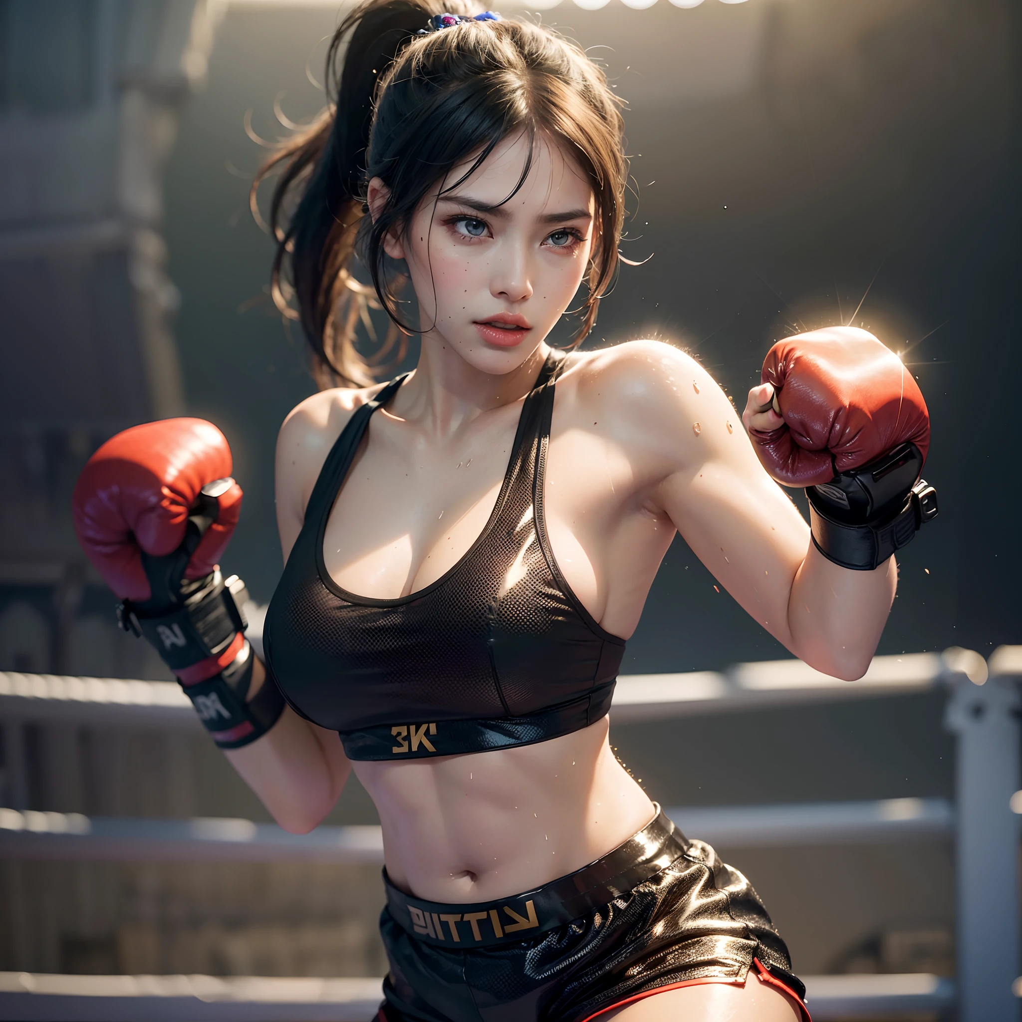 ((top-quality, 8K, masterpiece:1.3)),photorealistic portrait of boxer girl ,(sweating:1.5),(fighting pose:1.5),wearing boxing groves, wearing detailed sports bra and leggings, Emphasizes abdominal muscles, muscular body like a bodybuilder, blonde messy hair ,boxing match,  white light  adds a cinematic touch to the scene amidst the black tattoo, cinematic lighting completes the overall atmosphere ,in the boxing ring background, standing,(),(upper body image:1.5),()