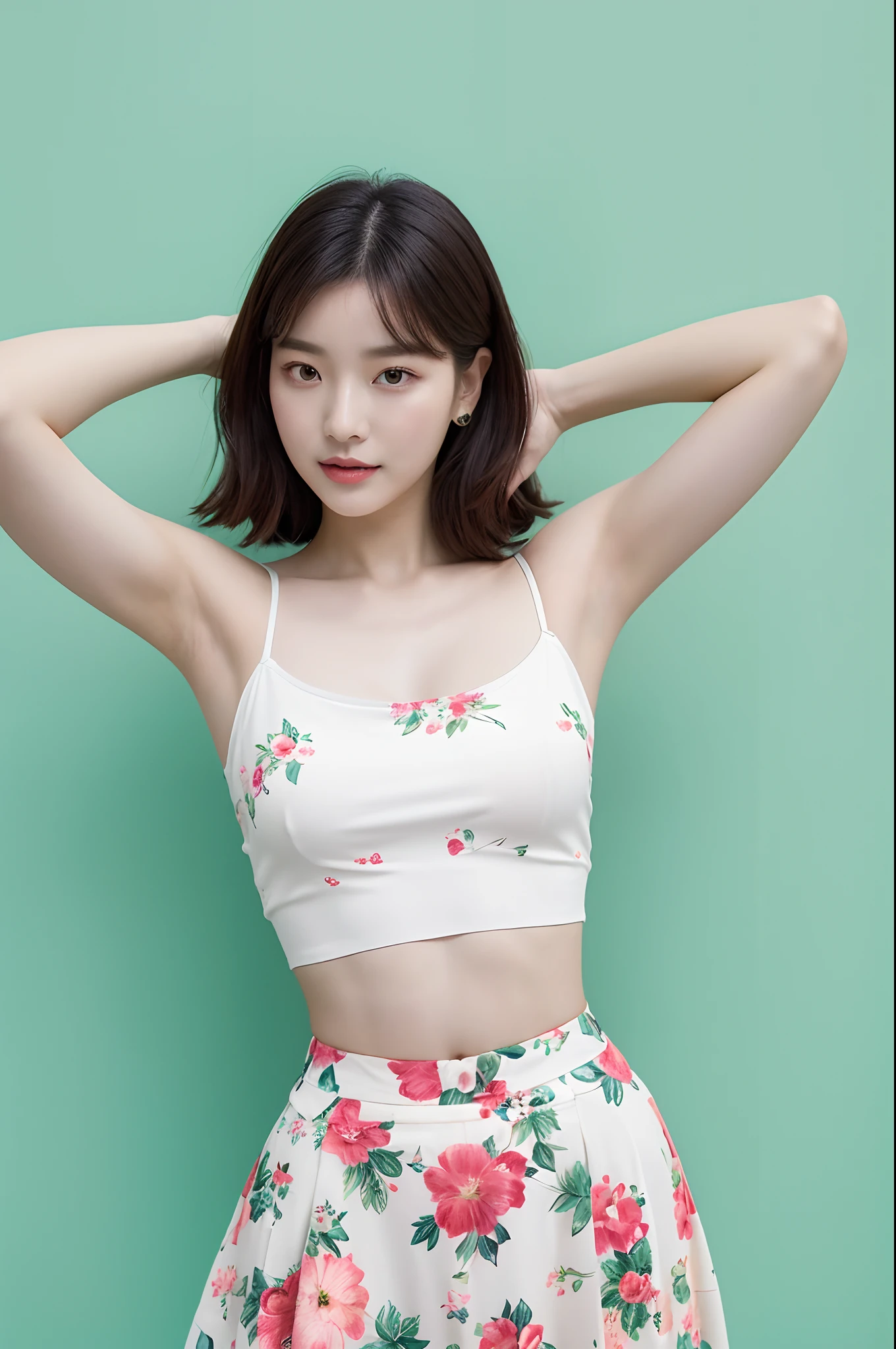 a woman in a floral crop top and mint skirt posing for a picture, croptop, crop top, bralette, wearing white camisole, bae suzy, wearing a camisole, physical : tinyest midriff ever, gorgeous young korean woman, heonhwa choe, cutecore, lulu chen, reluvy5213