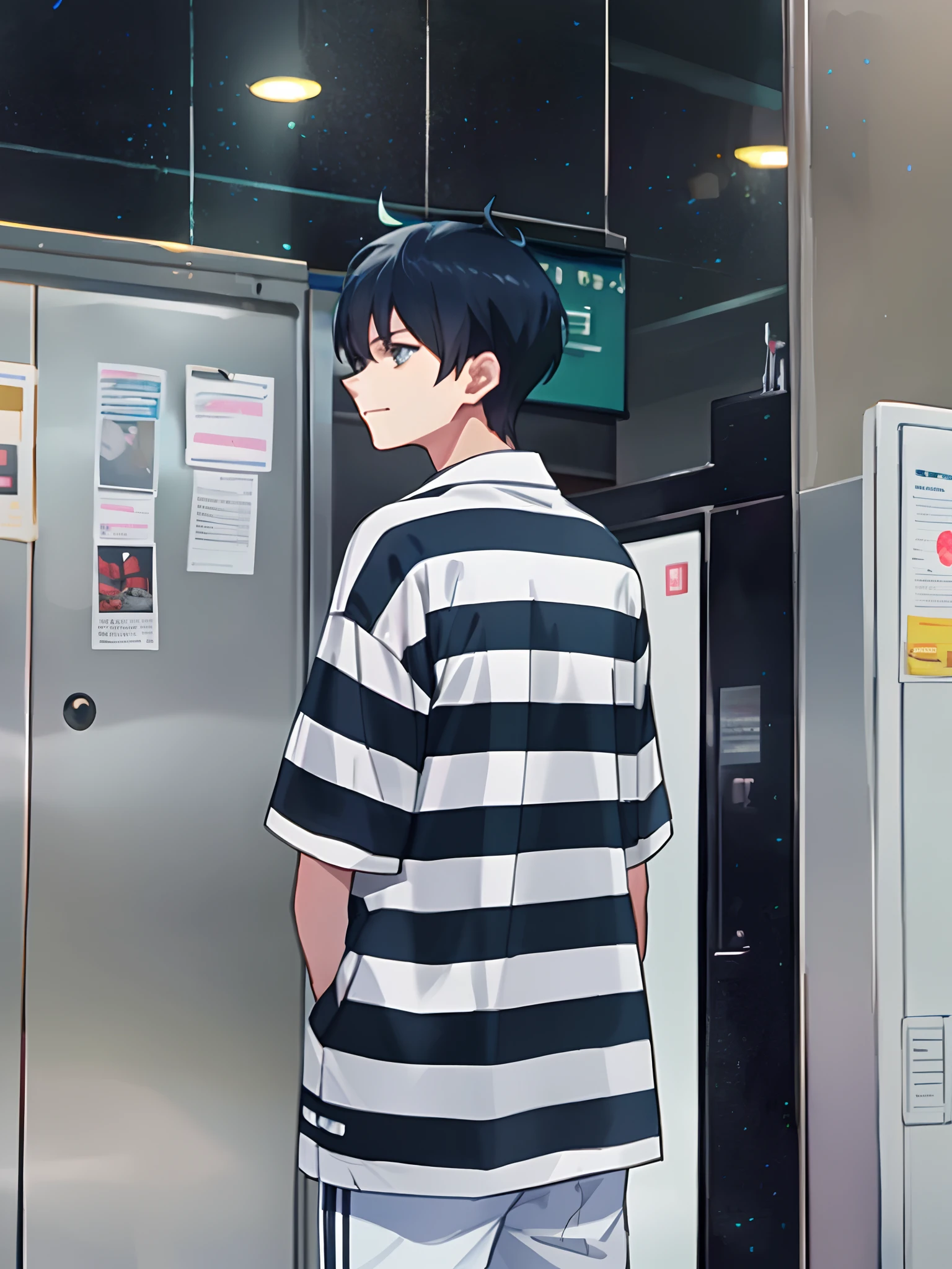 anime boy in striped shirt standing in front of a refrigerator, young anime man, high quality anime artstyle, anime style 4 k, official anime still, anime moe artstyle, tall anime guy with blue eyes, digital anime illustration, handsome anime pose, smooth anime cg art, anime style. 8k, shuushuu anime image, 4k anime wallpaper
