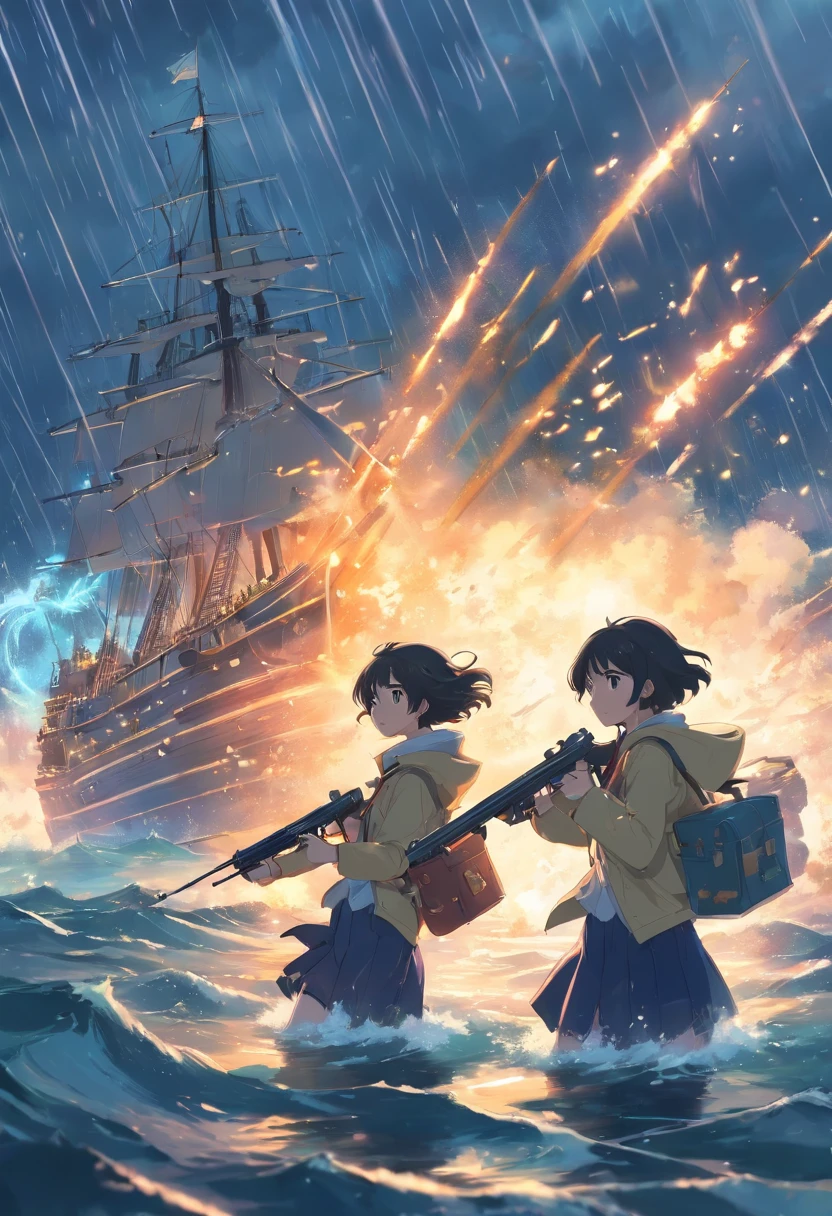 Ancient naval battles under heavy rain,The two sides are firing side-string guns