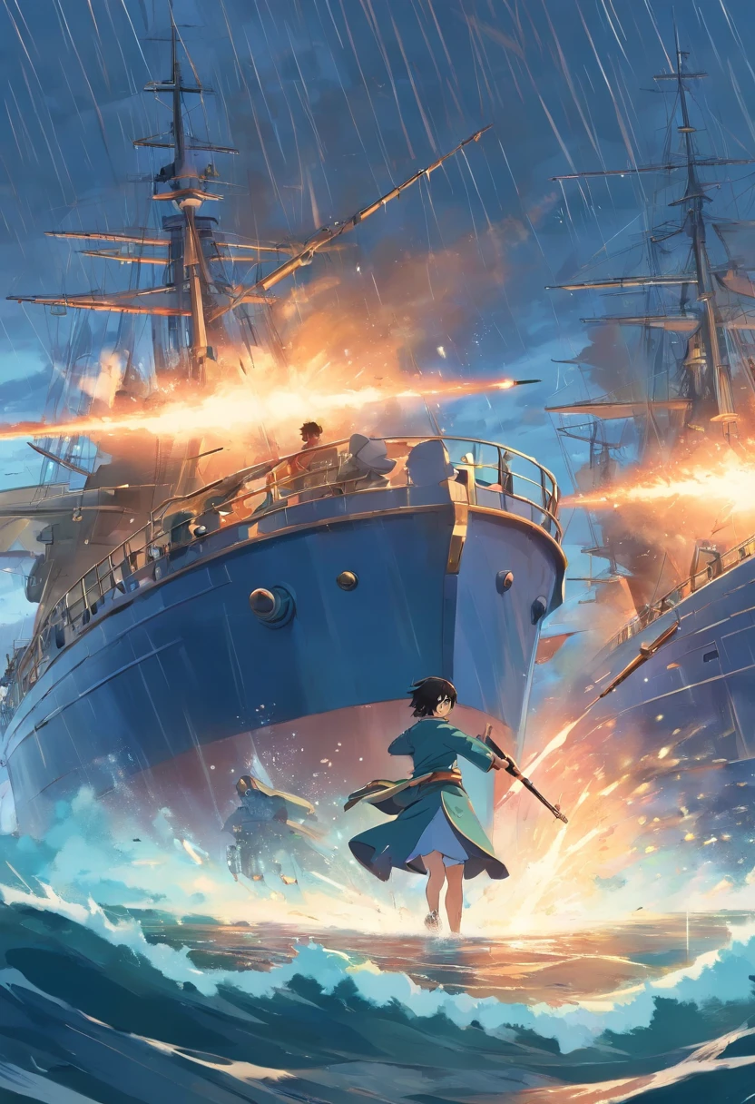 Ancient naval battles under heavy rain,The two sides are firing side-string guns