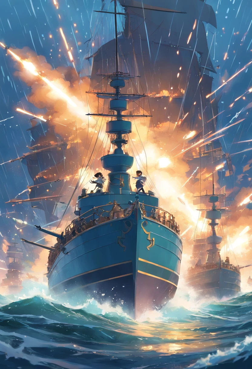 Ancient naval battles under heavy rain,The two sides are firing side-string guns
