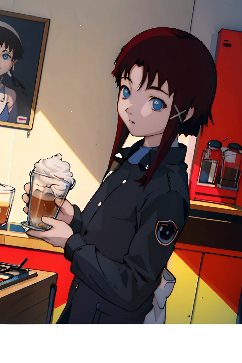 teens girl，QQ avatar，adolable，cafe shop，Futuristic