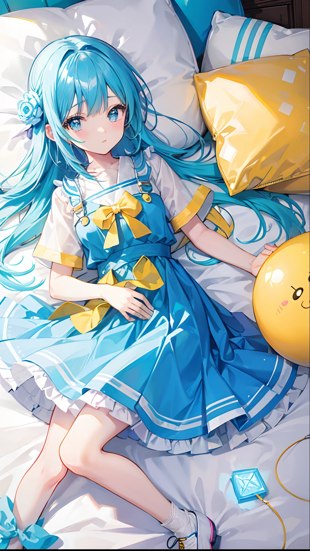 Glowing light bluish yellow,There is hair and pupils,blue clothes, yellow and white,Sweet loli girl,Overall shine