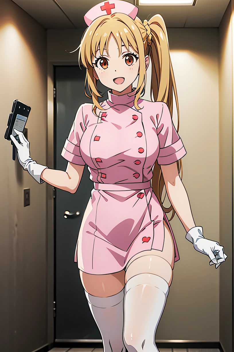 in1, side ponytail, long hair, solo, nurse, ((white nurse cap, white nurse's outfit)), ((white legwear, zettai ryouiki)), white gloves, smile, open mouth, standing, hospital room, sharp outline, short sleeves, best quality, masterpiece