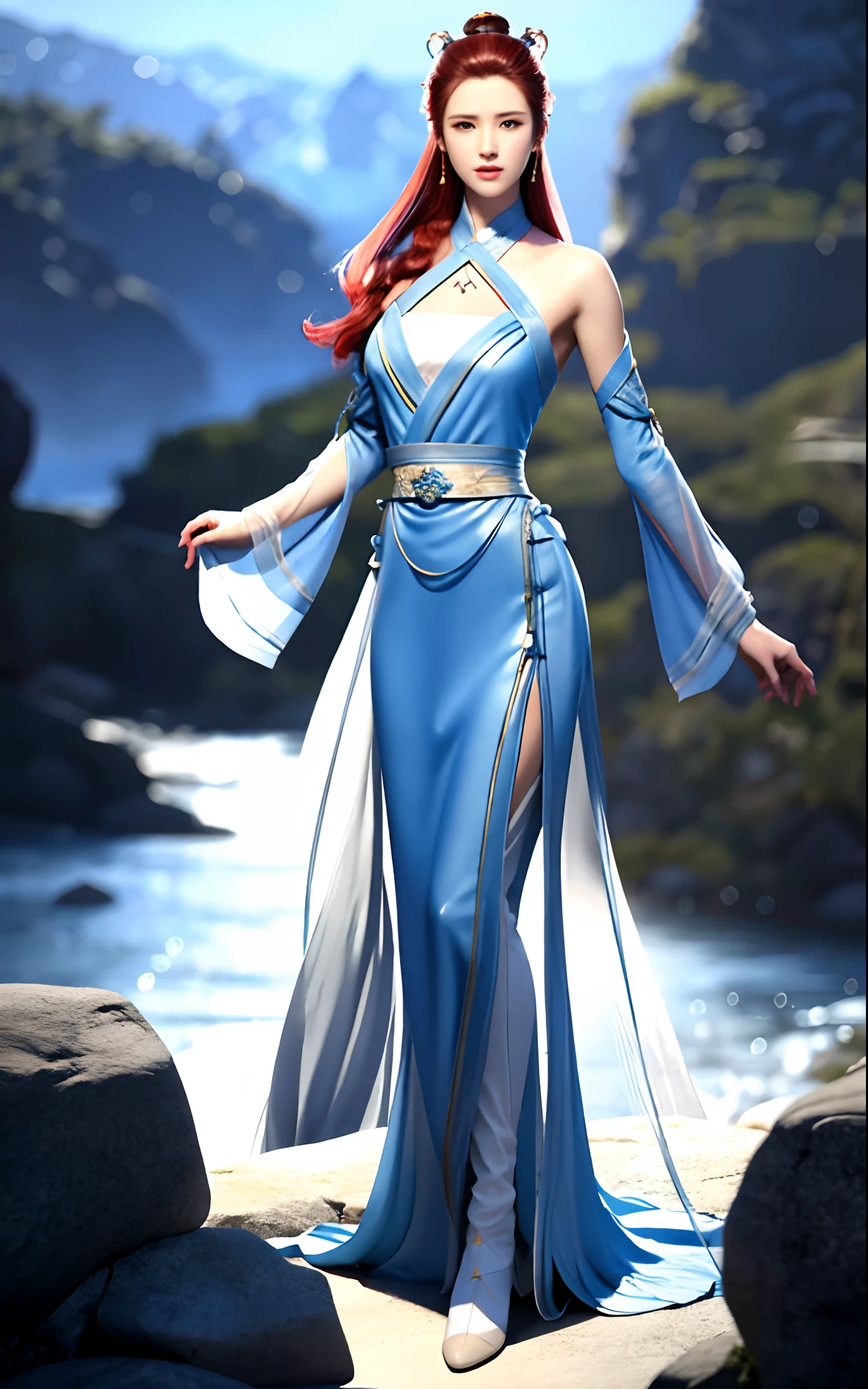 a close up of a woman in a blue dress with a white dress, full body xianxia, inspired by Lan Ying, inspired by Li Mei-shu, inspired by Qiu Ying, inspired by Li Tang, upon body from head to thighs wuxia, game cg, xianxia, queen of the sea mu yanling, xianxia hero, (hyperrealistic:1.25), (illustration), (high resolution), (8K), (extremely detailed), (best illustration), (beautiful detailed eyes), (best quality), (ultra-detailed), (masterpiece), (wallpaper), (photorealistic), (detailed face), high detailed realistic skin texture, anatomically correct, solo, 1girl, (high detailed realistic hair), (red hair:1.3), (heterochromic eyes), (detailed red glowing eyes:1.25), (realistic big breasts:1.3), (cleavage), (exposed breasts), (bare shoulders), (long legs), (slender abs), (dynamic pose), (closed lips:1.3), (upon body from head to thighs), nsfw, absurdres, highres, ultra detailed, eyeliner, sideboob,
