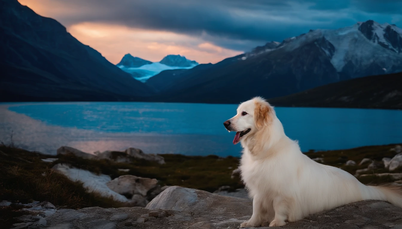 Long photo of a varied Albanian Albanian veterinarian, Cabelo branco estilizado como Salsicha, background is Glacier, at sunset, Foco suave, Luz, luz suave, F/8, Splash bege e azul marinho, Roda, extremely hyper aesthetic