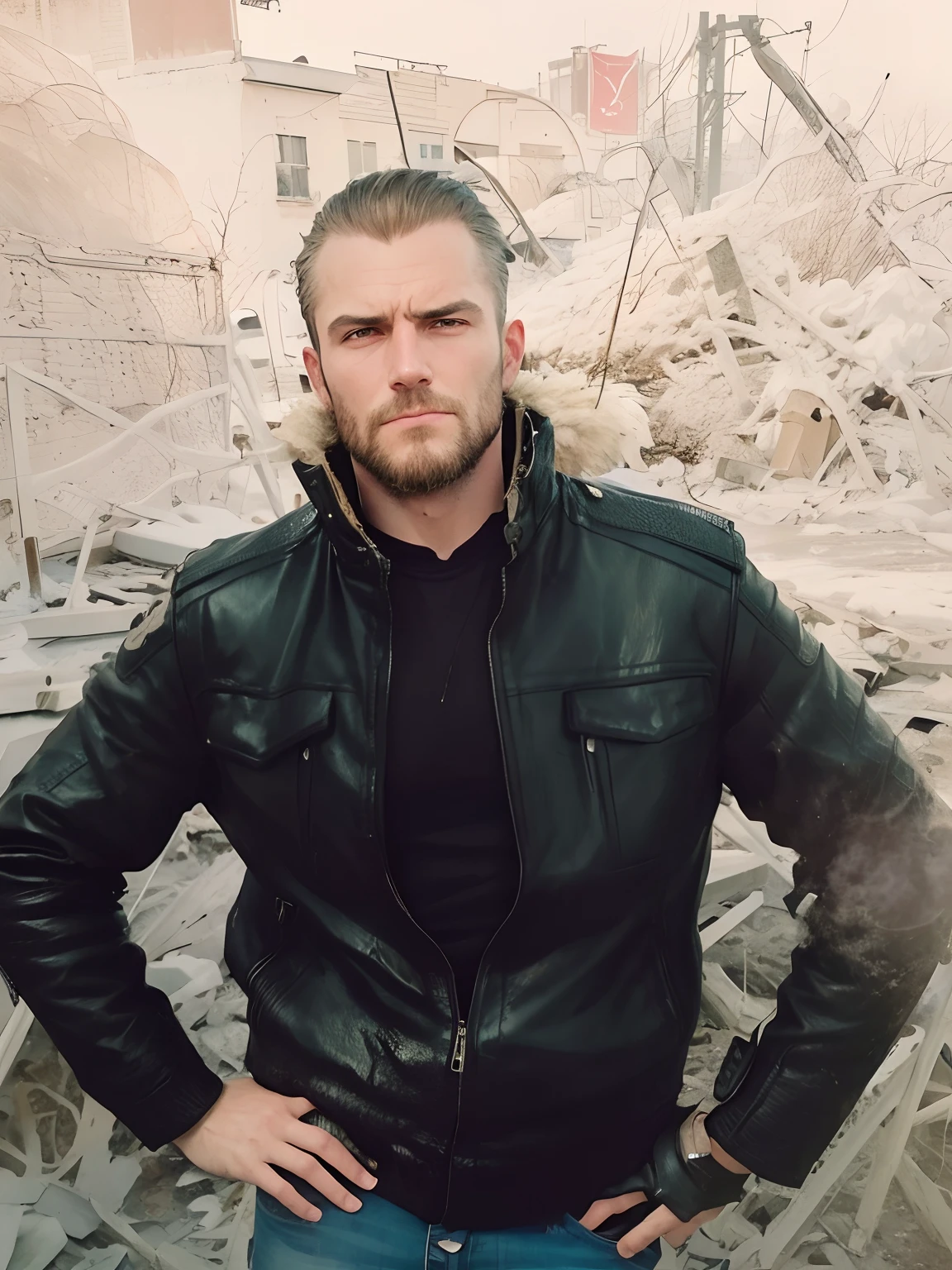 Restore Leather Jacket, Restore Details on Leather Jacket Photo, Restore the fur collar of a leather jacket, Restore the strap in front of the guy's hand, Restore Boyfriend's Hands, Restore the elbow of the left hand, Restore the elbow of the right hand