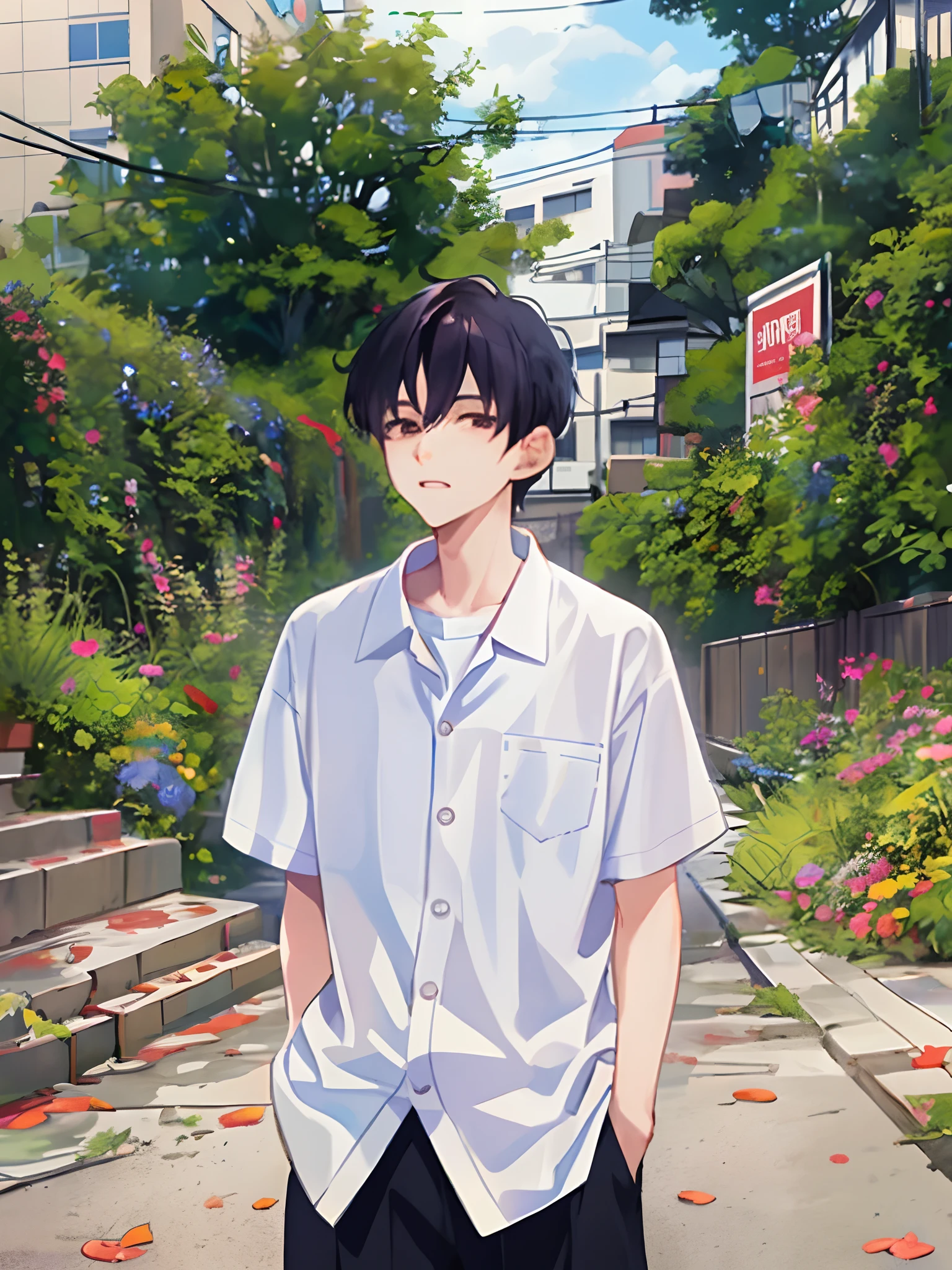 anime boy in white shirt standing in front of a flower garden, anime lush john 8k woods, inspired by Bian Shoumin, made with anime painter studio, young anime man, summer afternoon, handsome anime pose, lofi artstyle, painted in anime painter studio, male anime style, yosuke ueno, high quality anime artstyle