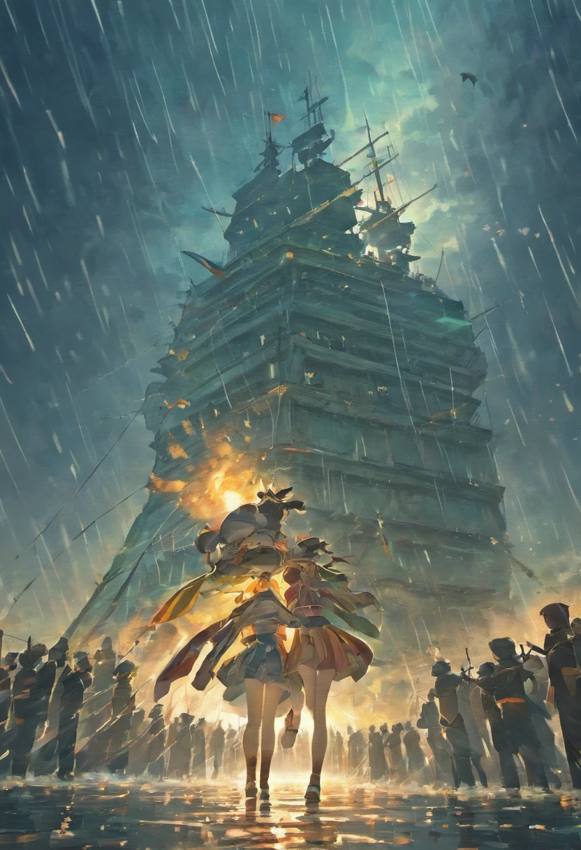 Ancient naval battles under heavy rain,The two sides are exchanging artillery fire