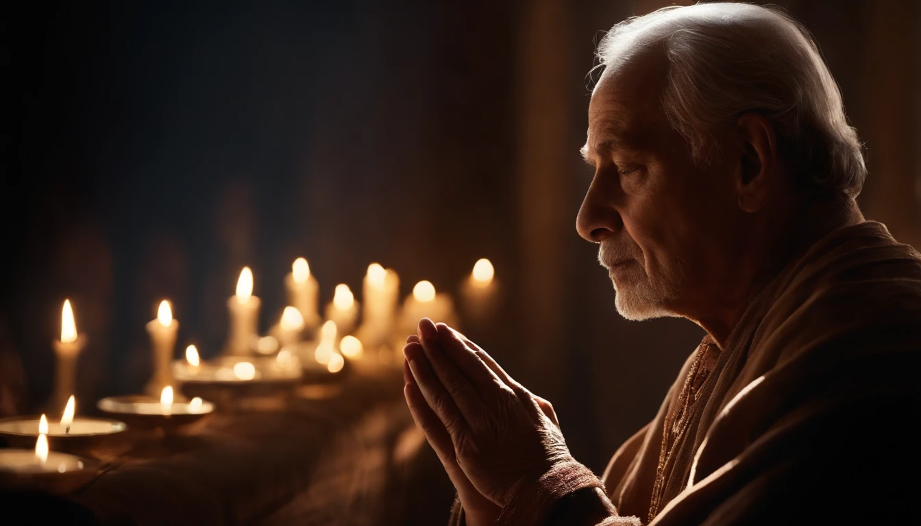Imagine a high-resolution, photorealistic image that exquisitely captures a person genuinely praying. The person is kneeling with both hands carefully joined, in a gesture of deep devotion. The backlight is absolutely realistic, emanating from a celestial source and filling the scene with a soft, natural glow. Every detail of the image is offered, from the wrinkles on the subject's hands to the subtle nuances of shadow and light on their face. The image quality is exceptional, with textures, cores and details that seem to pop off the screen. This image is an impressive representation of faith and spirituality, capable of touching the hearts of those who contemplate it.