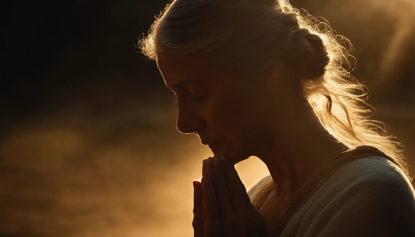 Imagine a high-resolution, photorealistic image that exquisitely captures a person genuinely praying. The person is kneeling with both hands carefully joined, in a gesture of deep devotion. The backlight is absolutely realistic, emanating from a celestial source and filling the scene with a soft, natural glow. Every detail of the image is offered, from the wrinkles on the subject's hands to the subtle nuances of shadow and light on their face. The image quality is exceptional, with textures, cores and details that seem to pop off the screen. This image is an impressive representation of faith and spirituality, capable of touching the hearts of those who contemplate it.